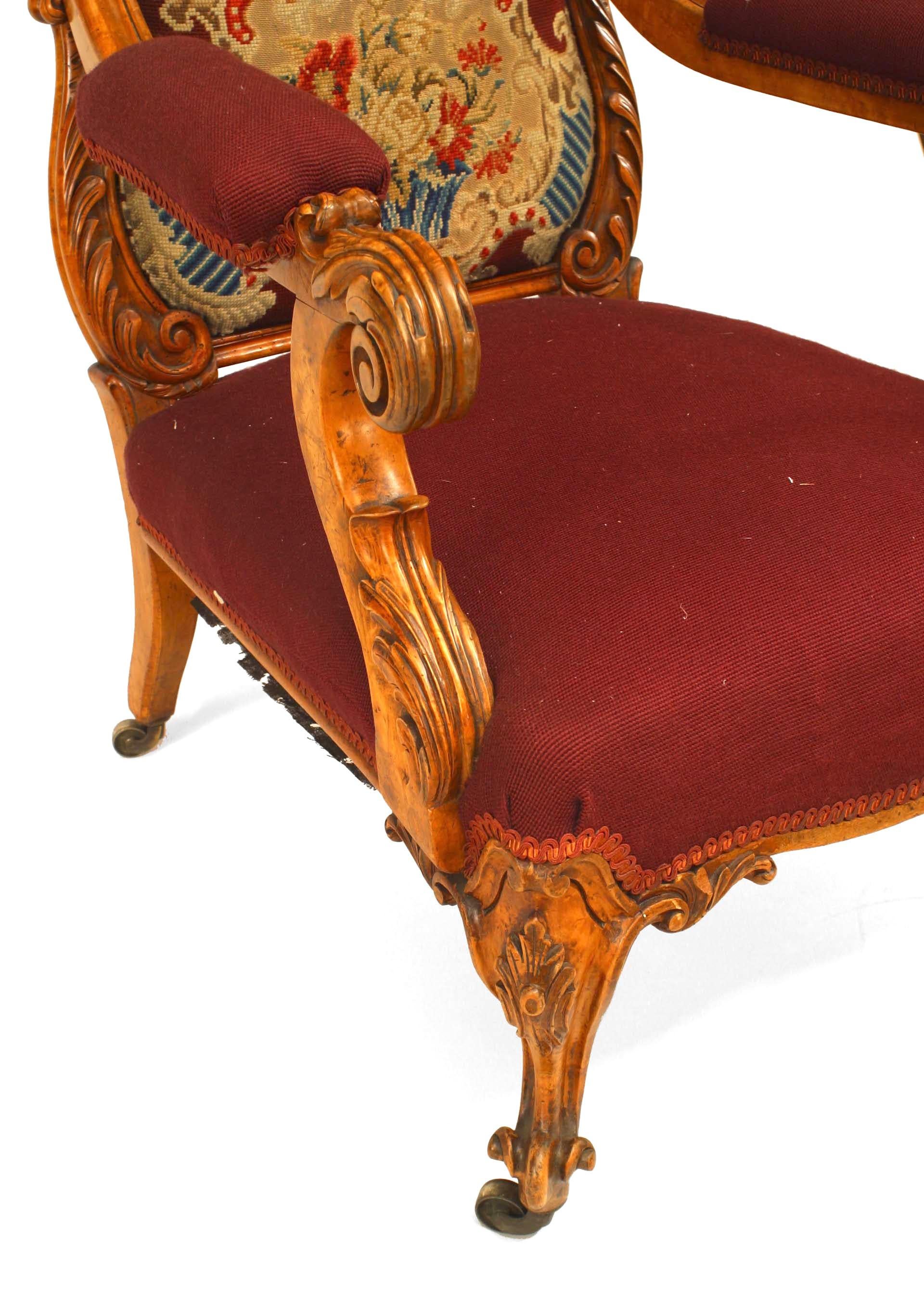 19th Century English Victorian Balloon Back Satinwood and Needlepoint Armchair For Sale
