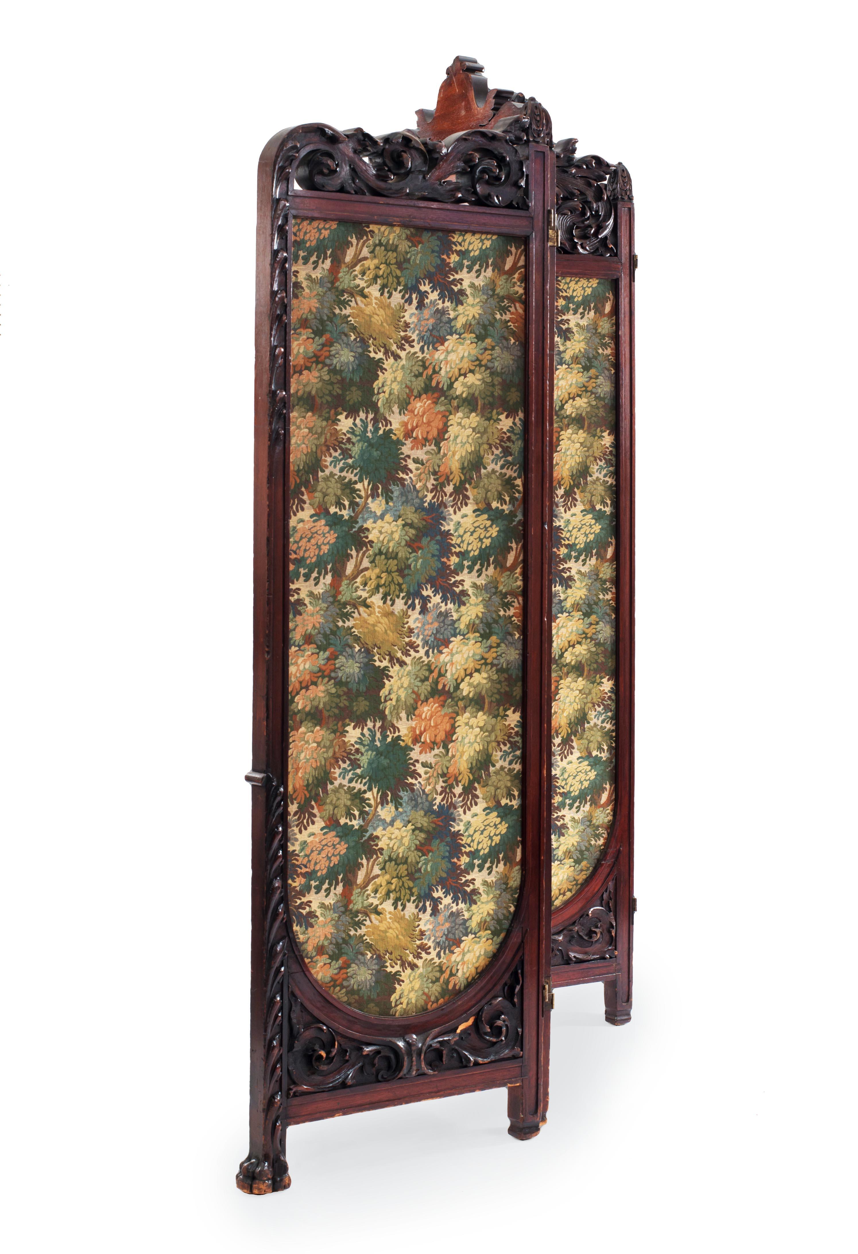 English Victorian mahogany 4-fold screen with heavy carved scroll filigree top and tapestry panels.
 