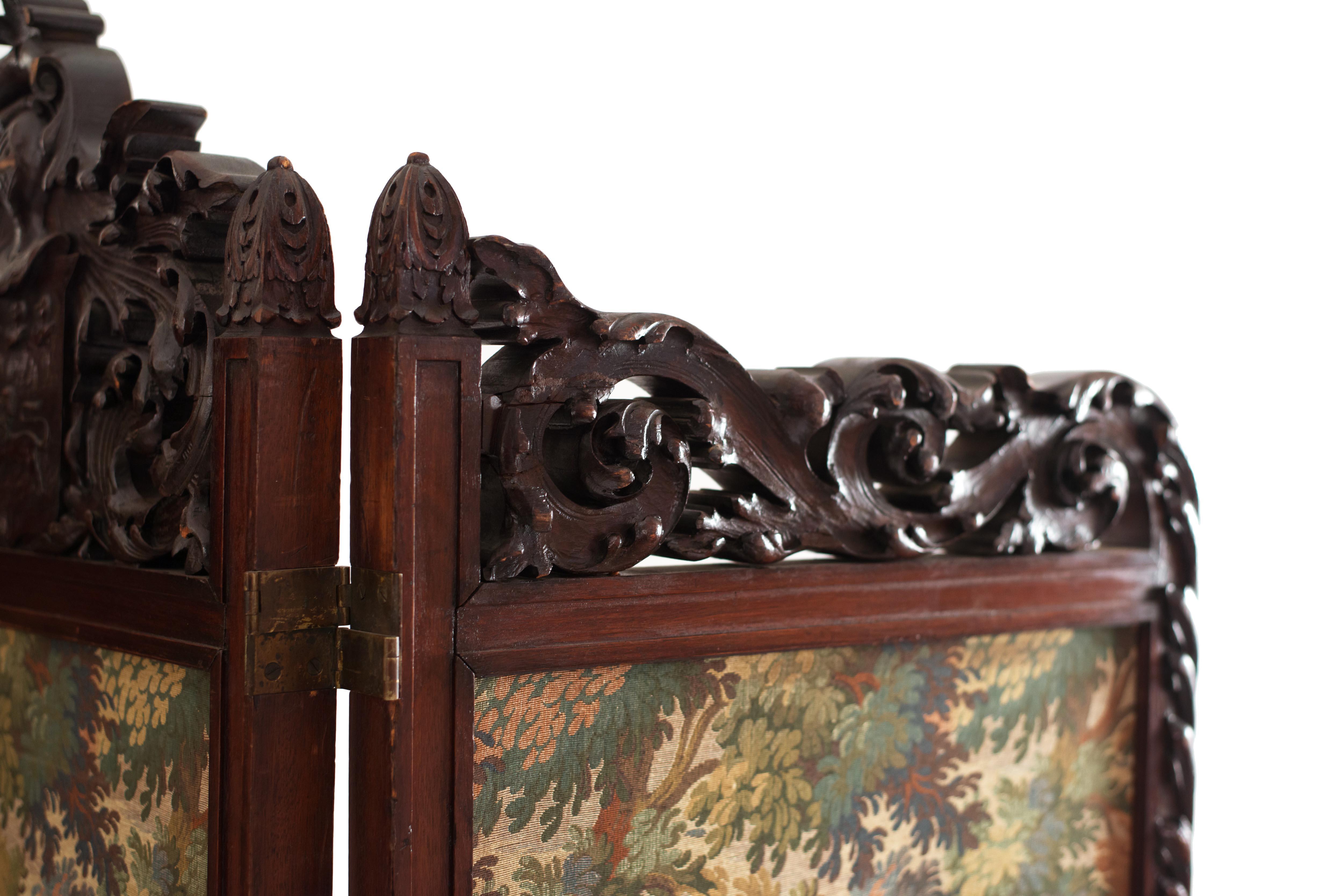 Englischer viktorianischer geschnitzter Mahagoni-Raumteiler mit 4 Fächern und Wandteppichplatten (Britisch) im Angebot