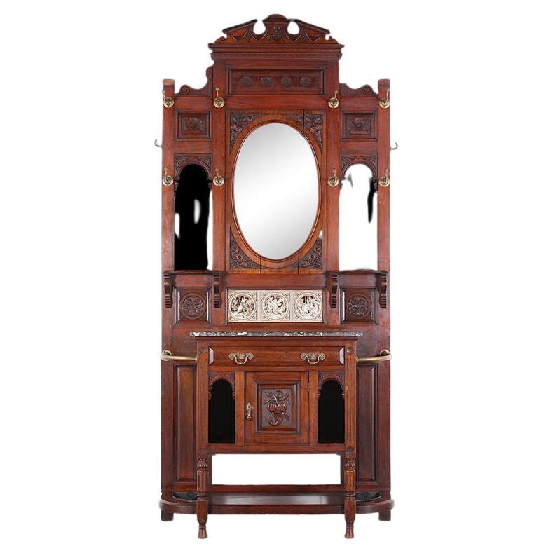 English Victorian carved mahogany hall stand For Sale
