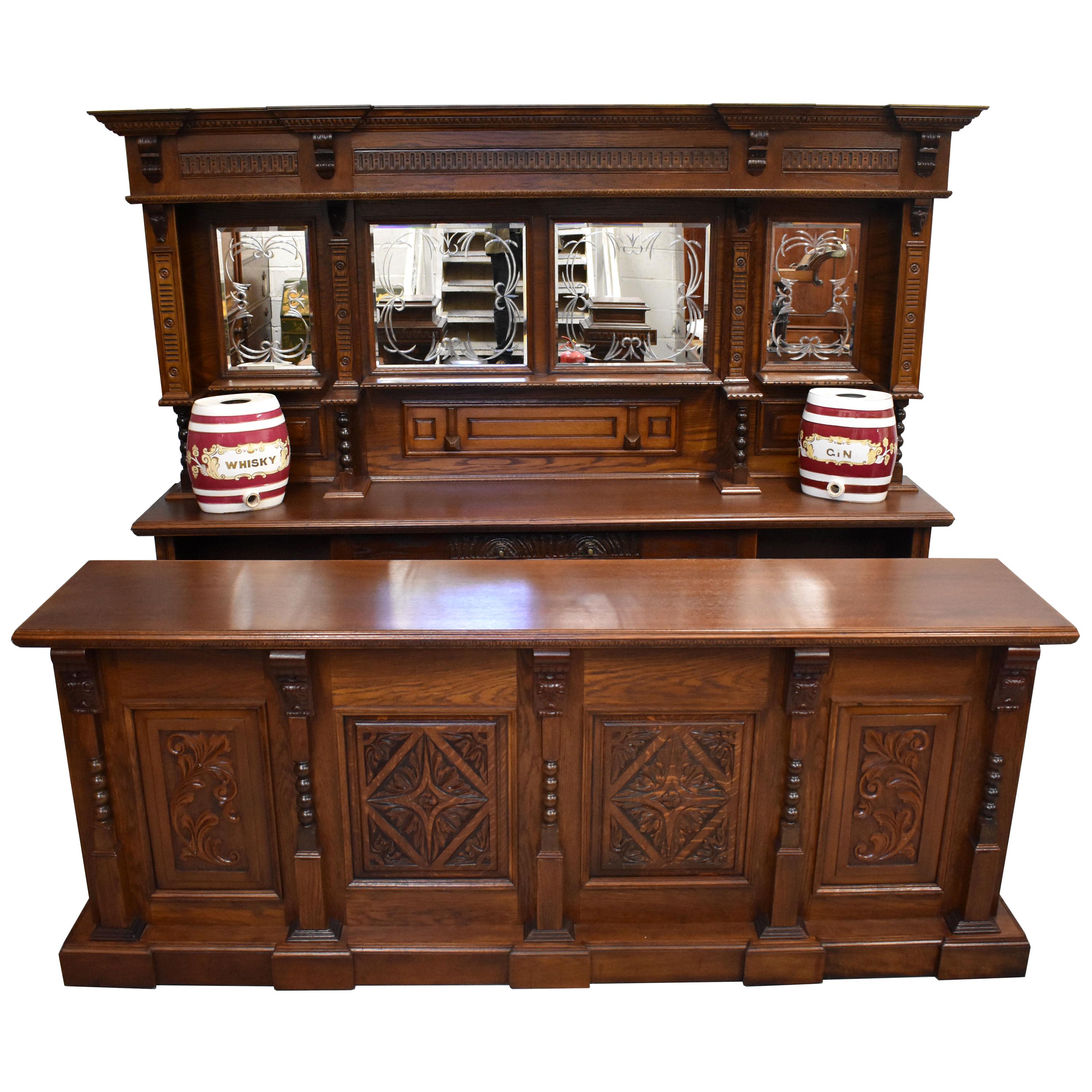 English Victorian Carved Oak Front and Back Bar
