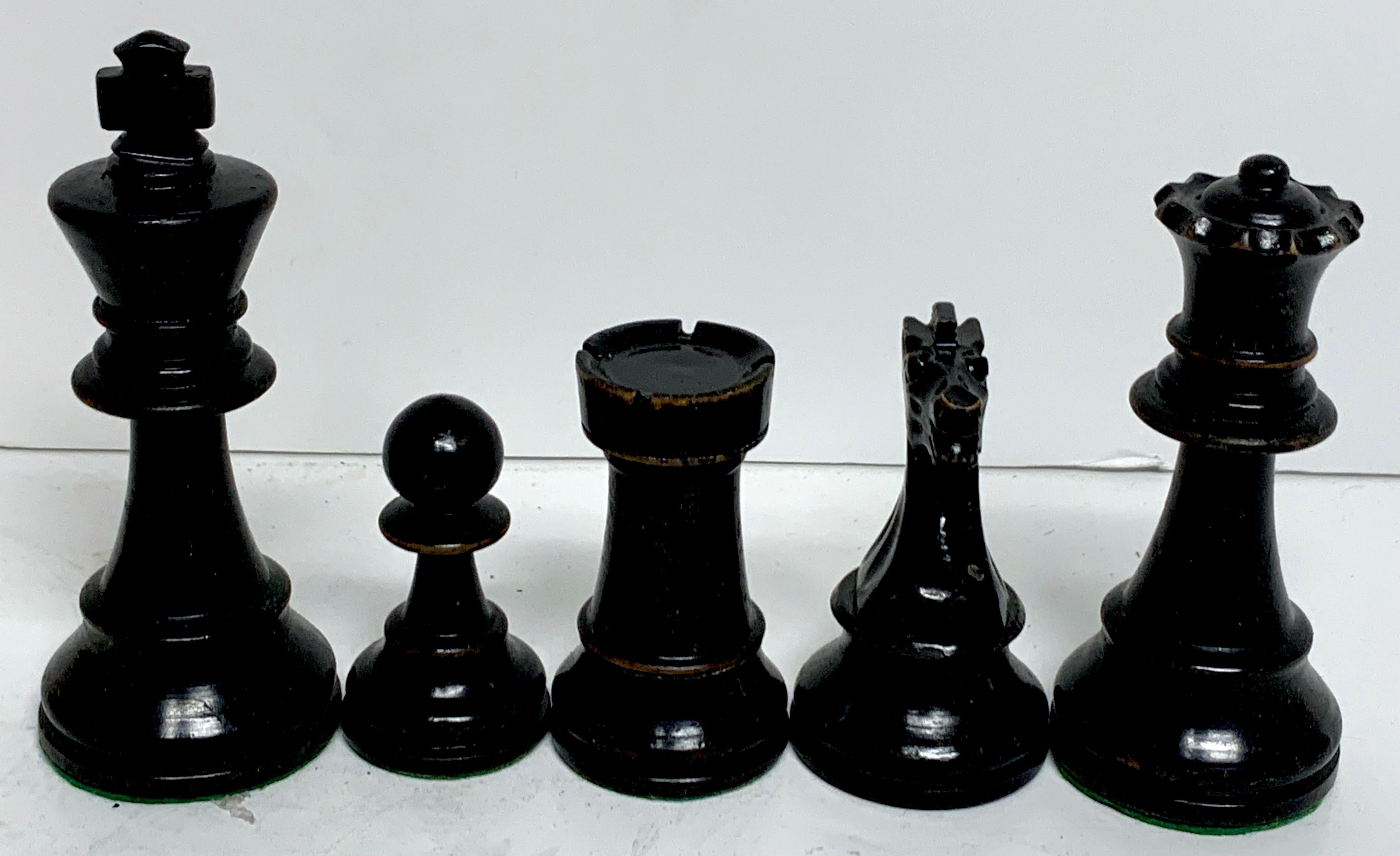 Hand-Carved English Victorian Carved Satinwood and Ebonized Chess Pieces