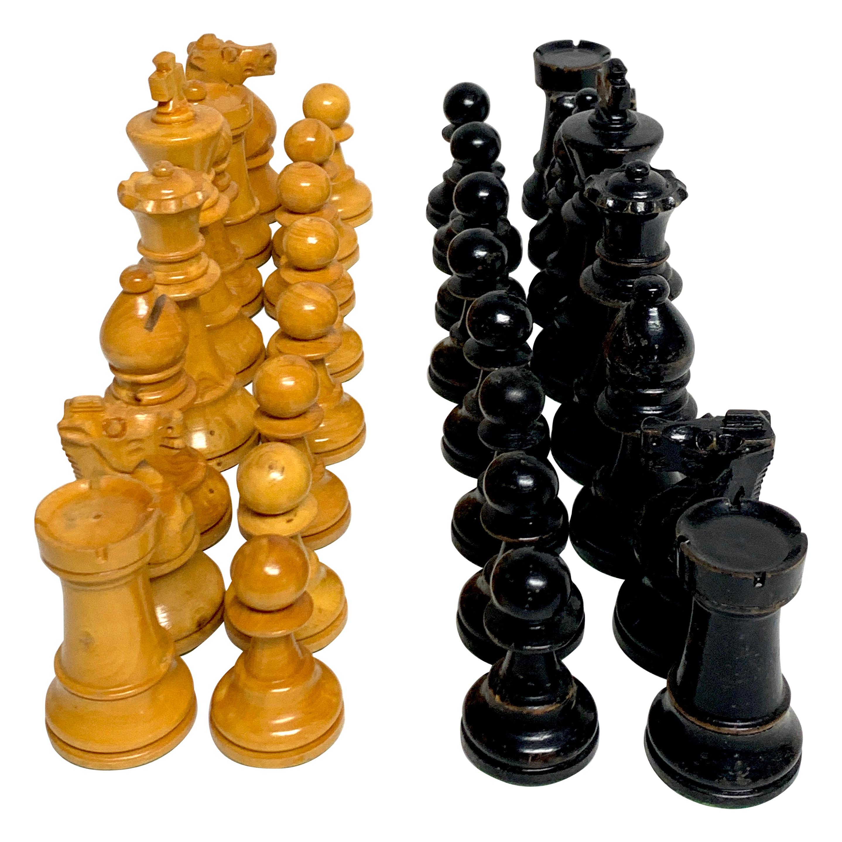 English Victorian Carved Satinwood and Ebonized Chess Pieces