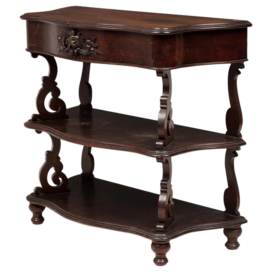 English Victorian Carved Wooden 3-Tiered Shaped Curio Console Table For Sale