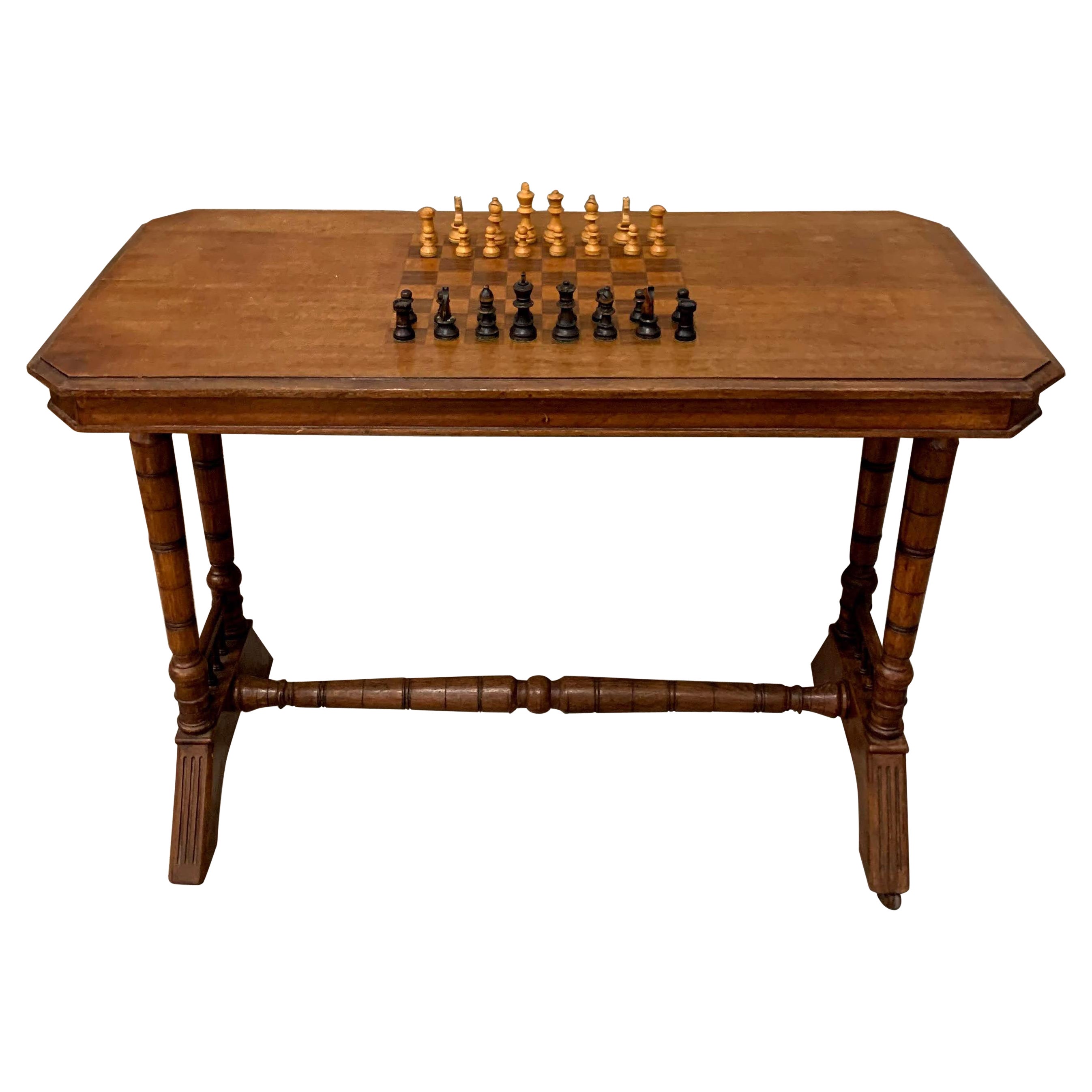 English Victorian Chess Table Oak on Stone Wheels, Around 1880