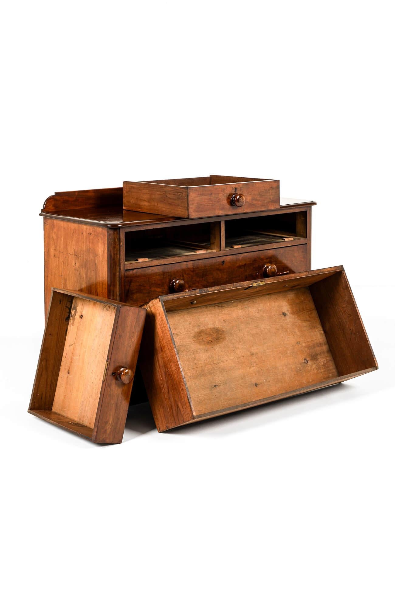 Hand-Crafted English Victorian Chest Of Drawers with Gallery Back For Sale