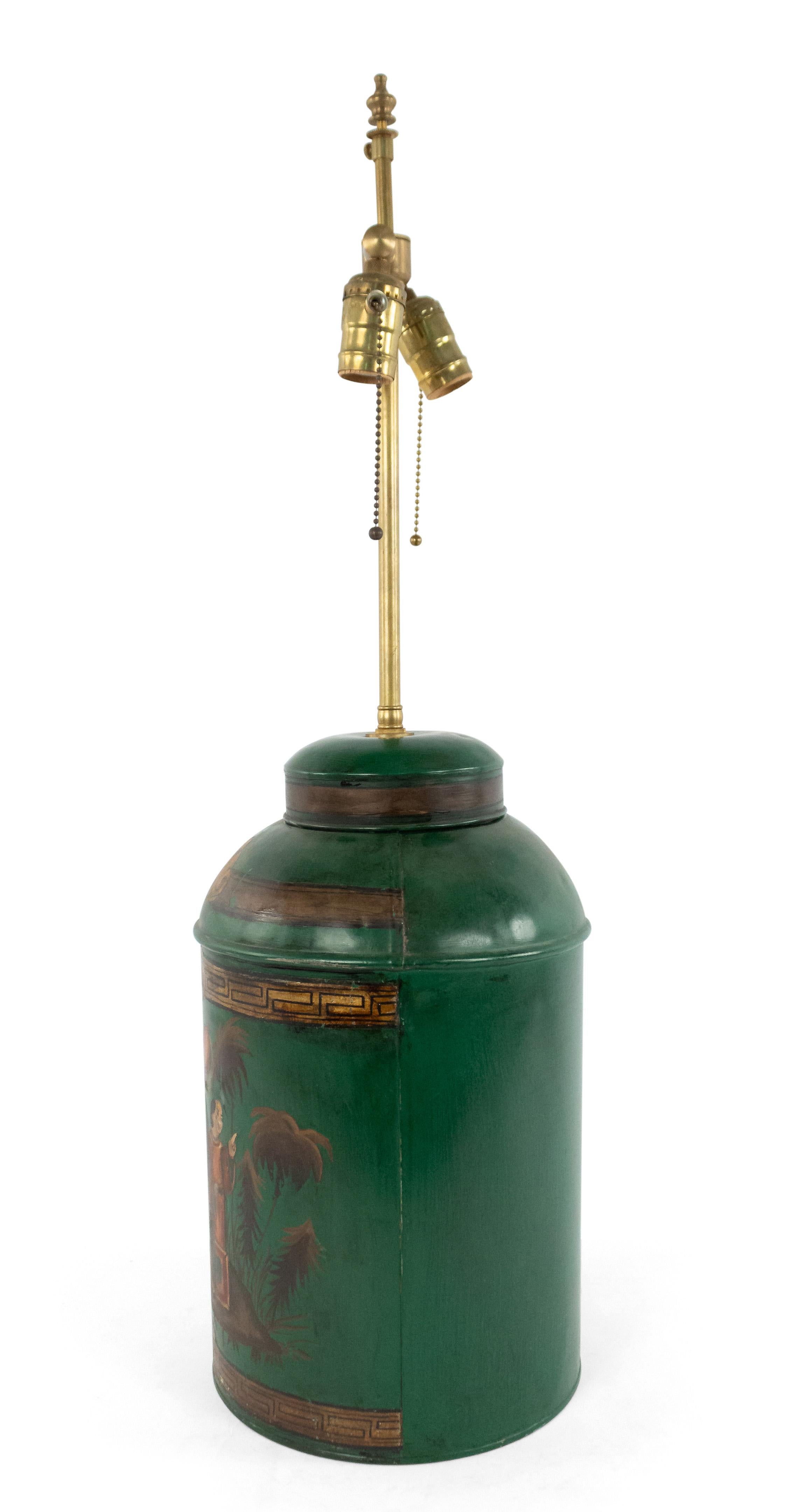 English Victorian style 20th century green tole and chinoiserie decorated tea canister mounted as a lamp.