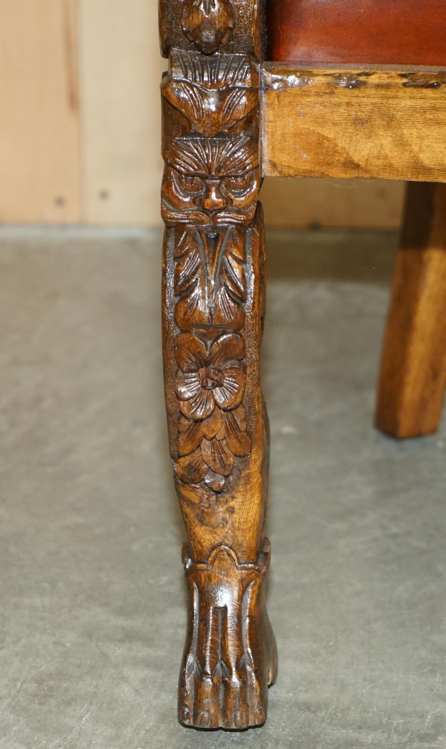 ENGLISH ViCTORIAN CIRCA 1840-1860 HAND CARVED LIONS HEAD BROWN LEATHER ARMCHAIR For Sale 2
