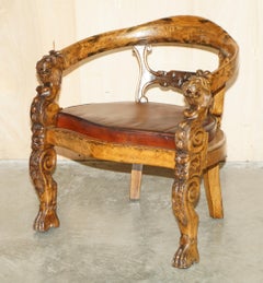 ENGLISH ViCTORIAN CIRCA 1840-1860 HAND CARVED LIONS HEAD BROWN LEATHER ARMCHAIR