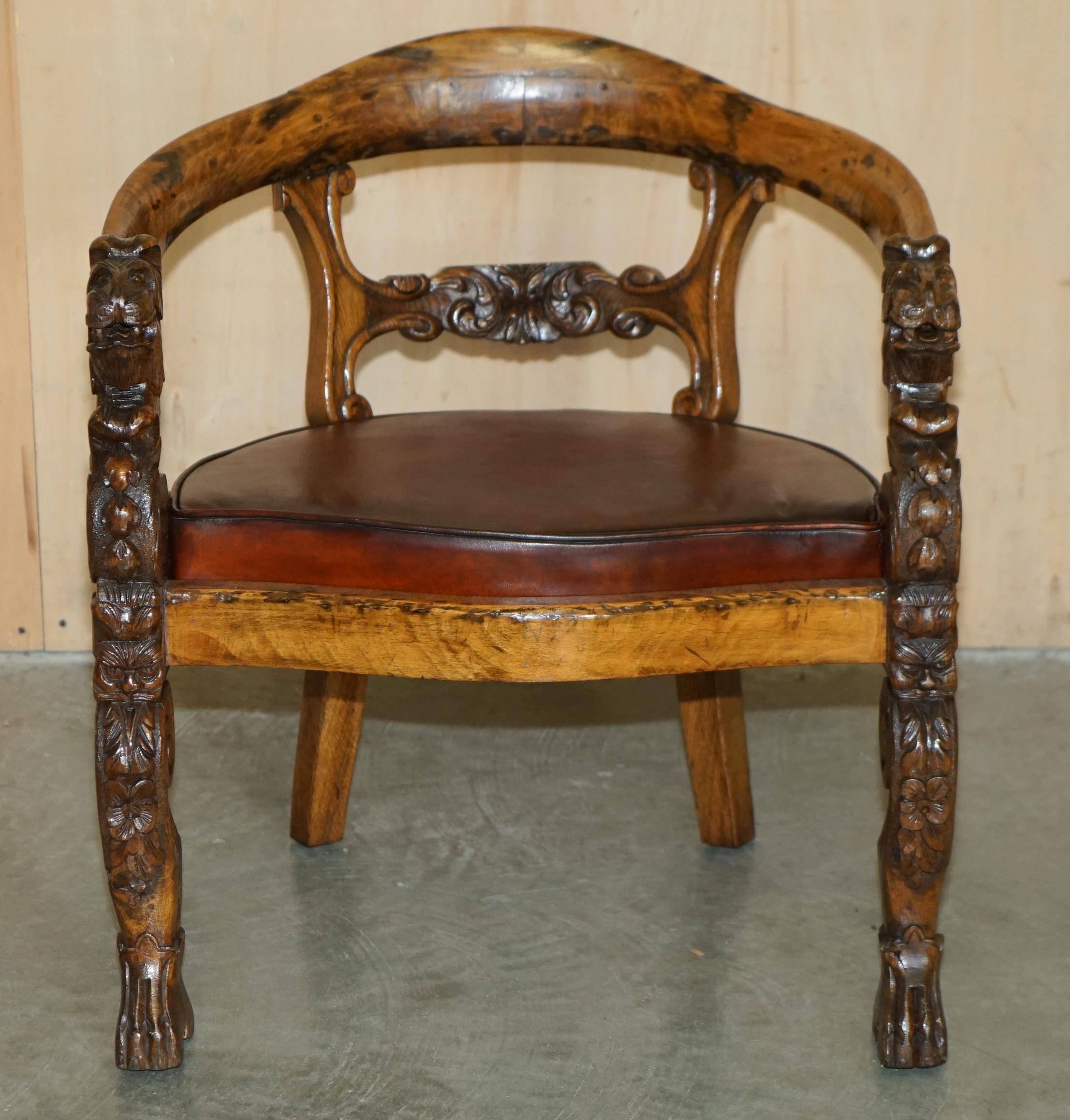 Early Victorian ENGLISH ViCTORIAN CIRCA 1840-1860 HAND CARVED LIONS HEAD BROWN LEATHER ARMCHAIR For Sale