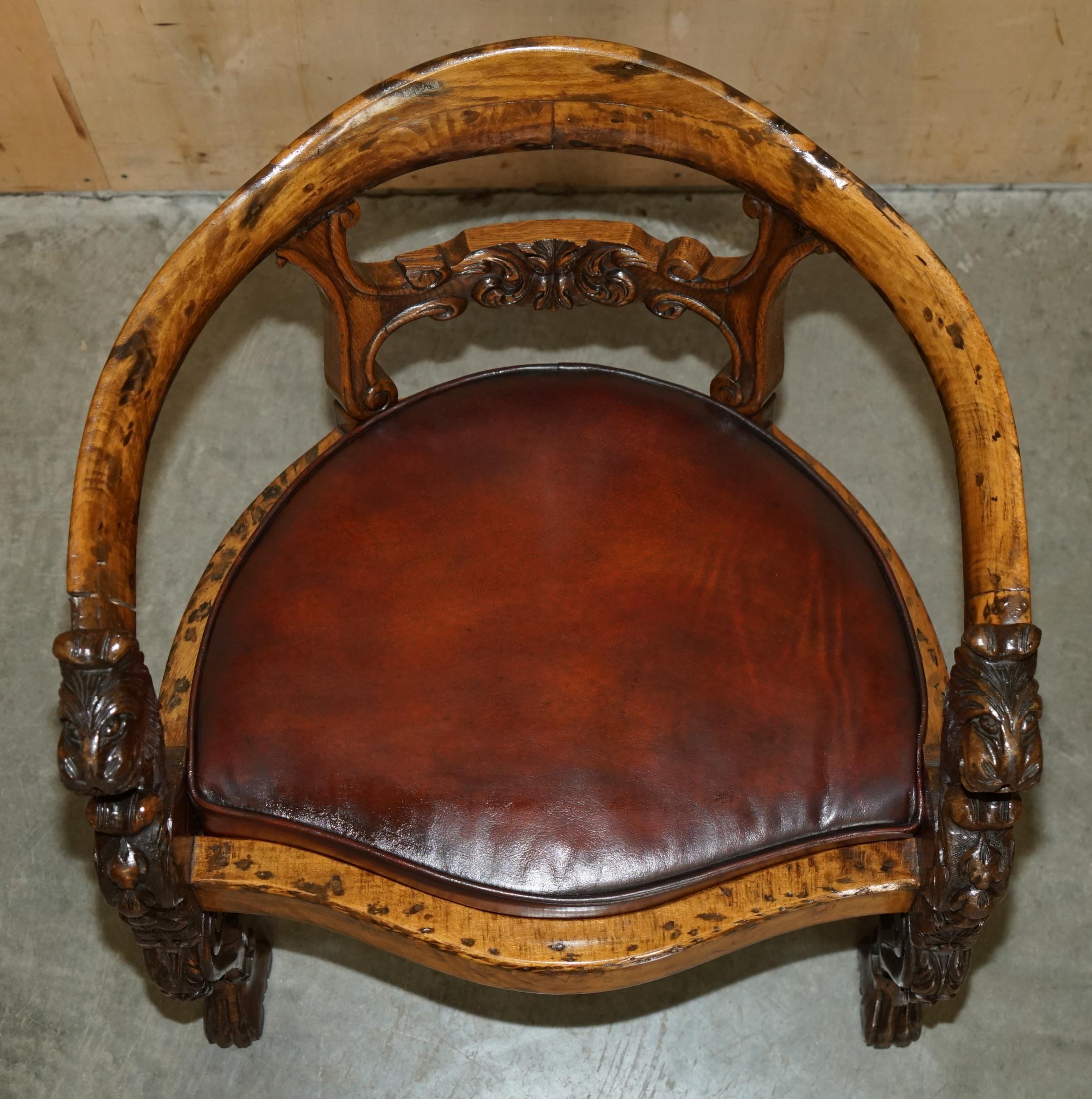 English ENGLISH ViCTORIAN CIRCA 1840-1860 HAND CARVED LIONS HEAD BROWN LEATHER ARMCHAIR For Sale