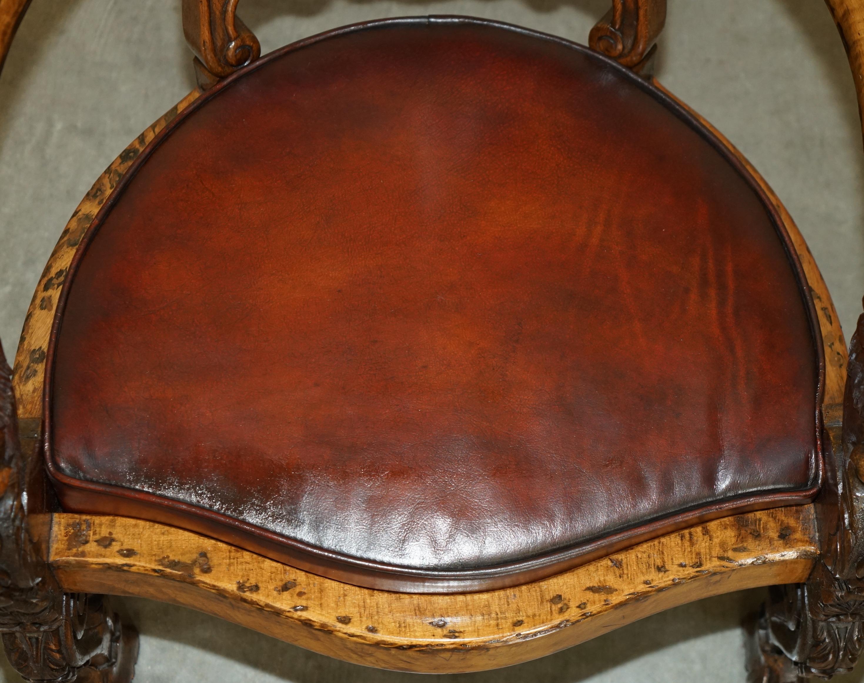 Hand-Crafted ENGLISH ViCTORIAN CIRCA 1840-1860 HAND CARVED LIONS HEAD BROWN LEATHER ARMCHAIR For Sale