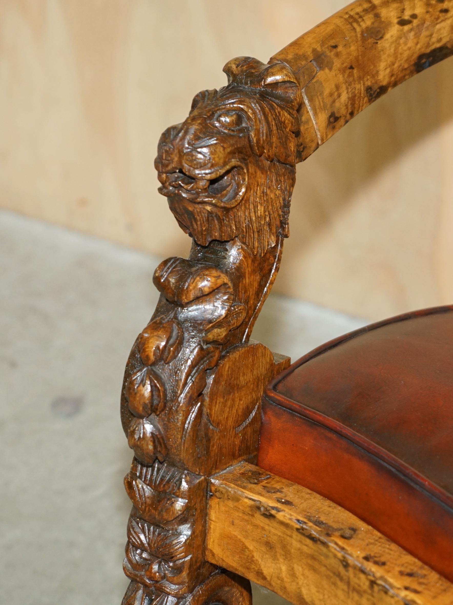 Leather ENGLISH ViCTORIAN CIRCA 1840-1860 HAND CARVED LIONS HEAD BROWN LEATHER ARMCHAIR For Sale