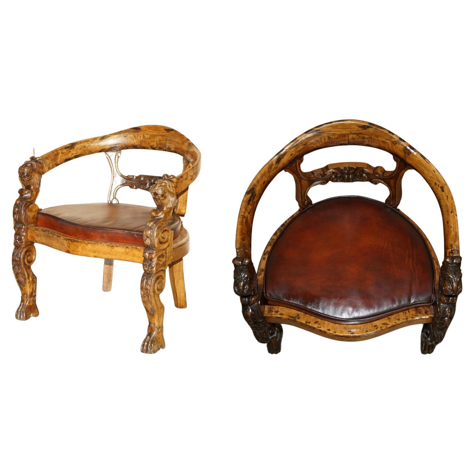 ENGLISH ViCTORIAN CIRCA 1840-1860 HAND CARVED LIONS HEAD BROWN LEATHER ARMCHAIR For Sale