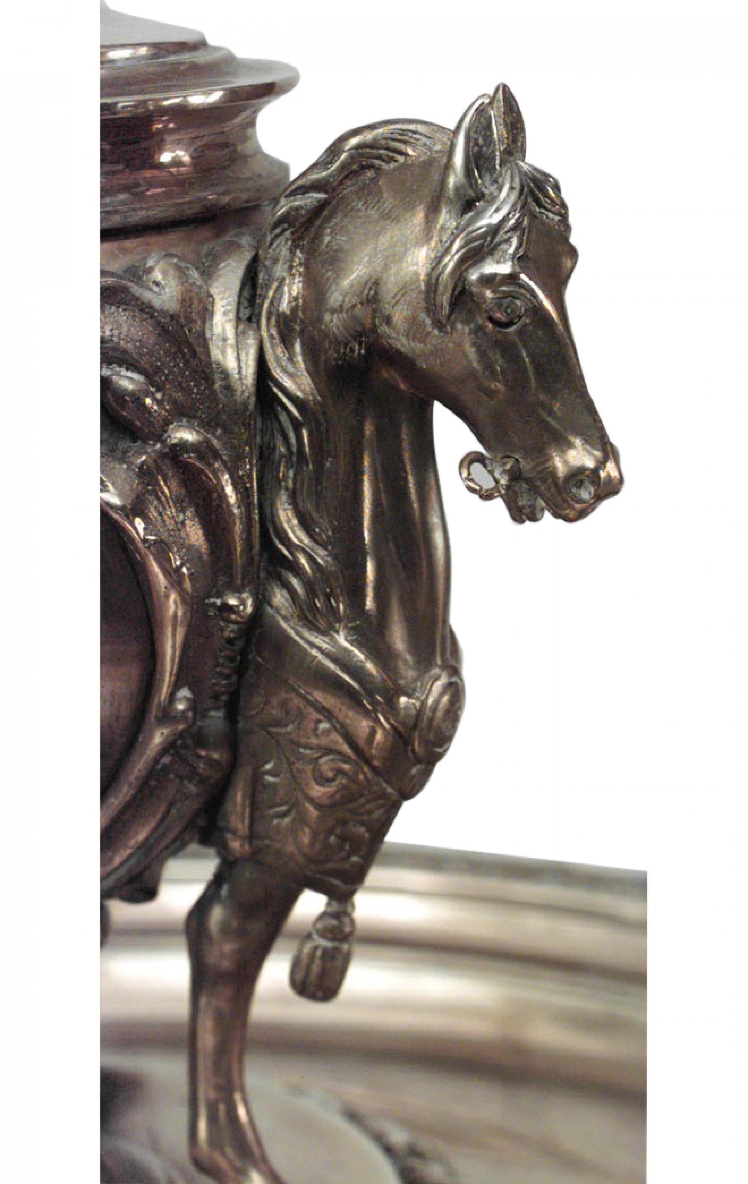English Victorian brass triple horse head compote with glass vase top.