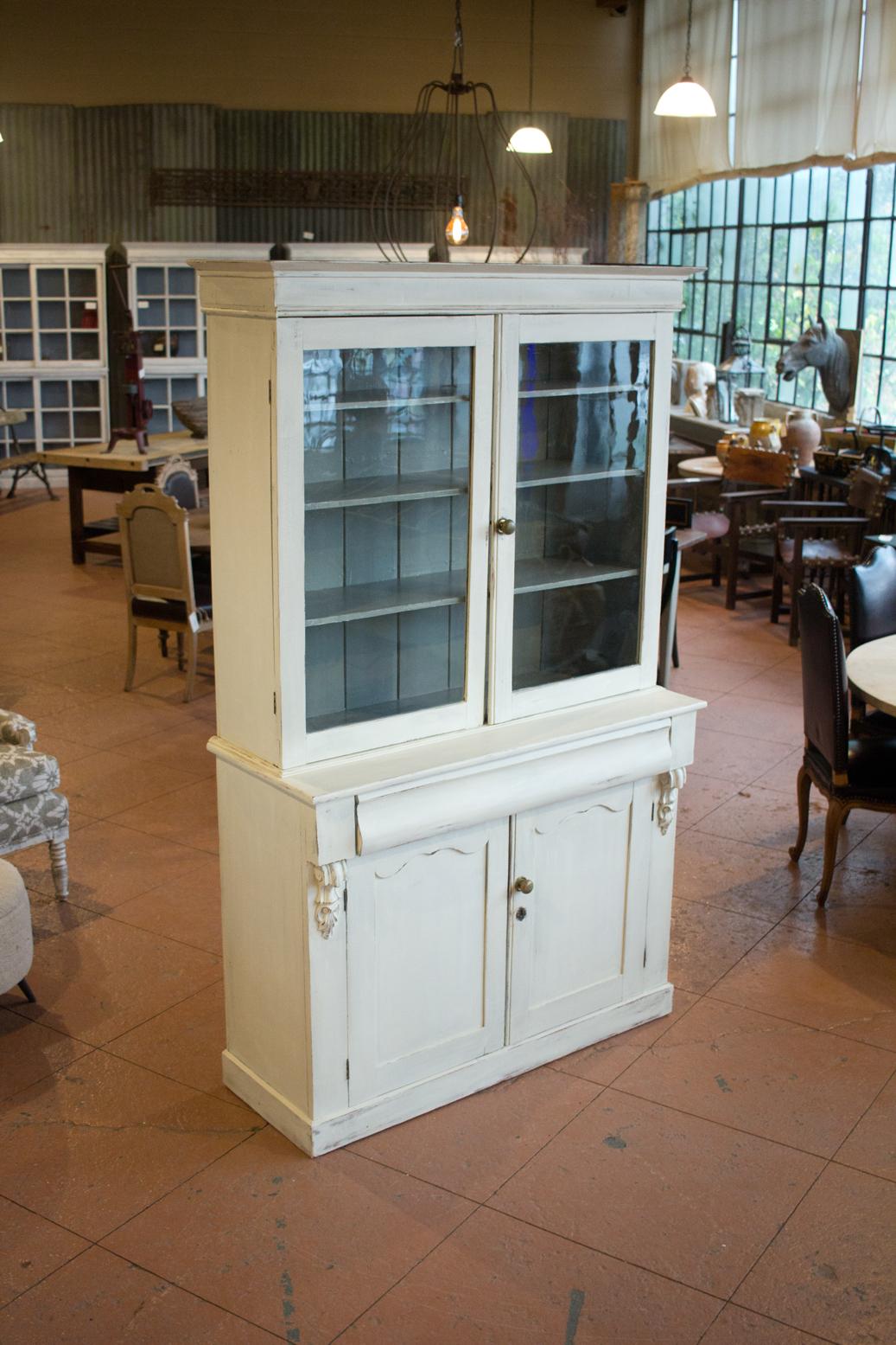 Victorian scraped back painted country dresser with original glass doors and brass hardware.