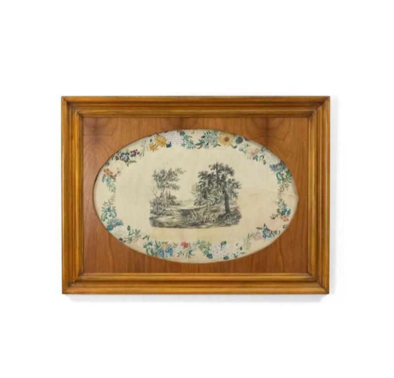 English Victorian Country style oval painted silk wall plaque with scene of countryside with figures and floral border in maple frame.

Condition: (Visable stain on silk under glass)