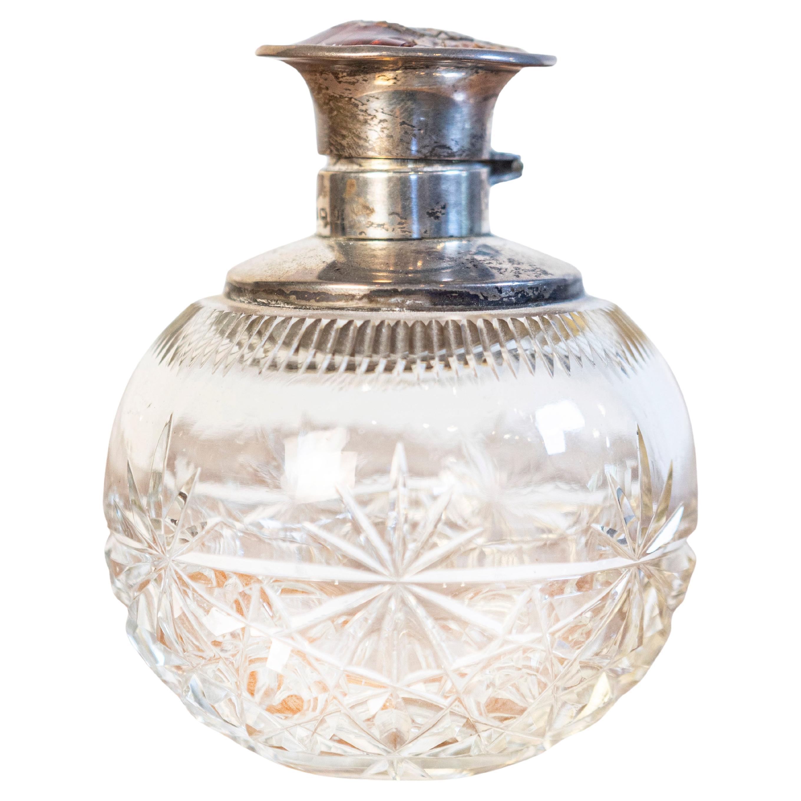 English Victorian Crystal Toiletry Bottle with Silver Lid from the 19th Century