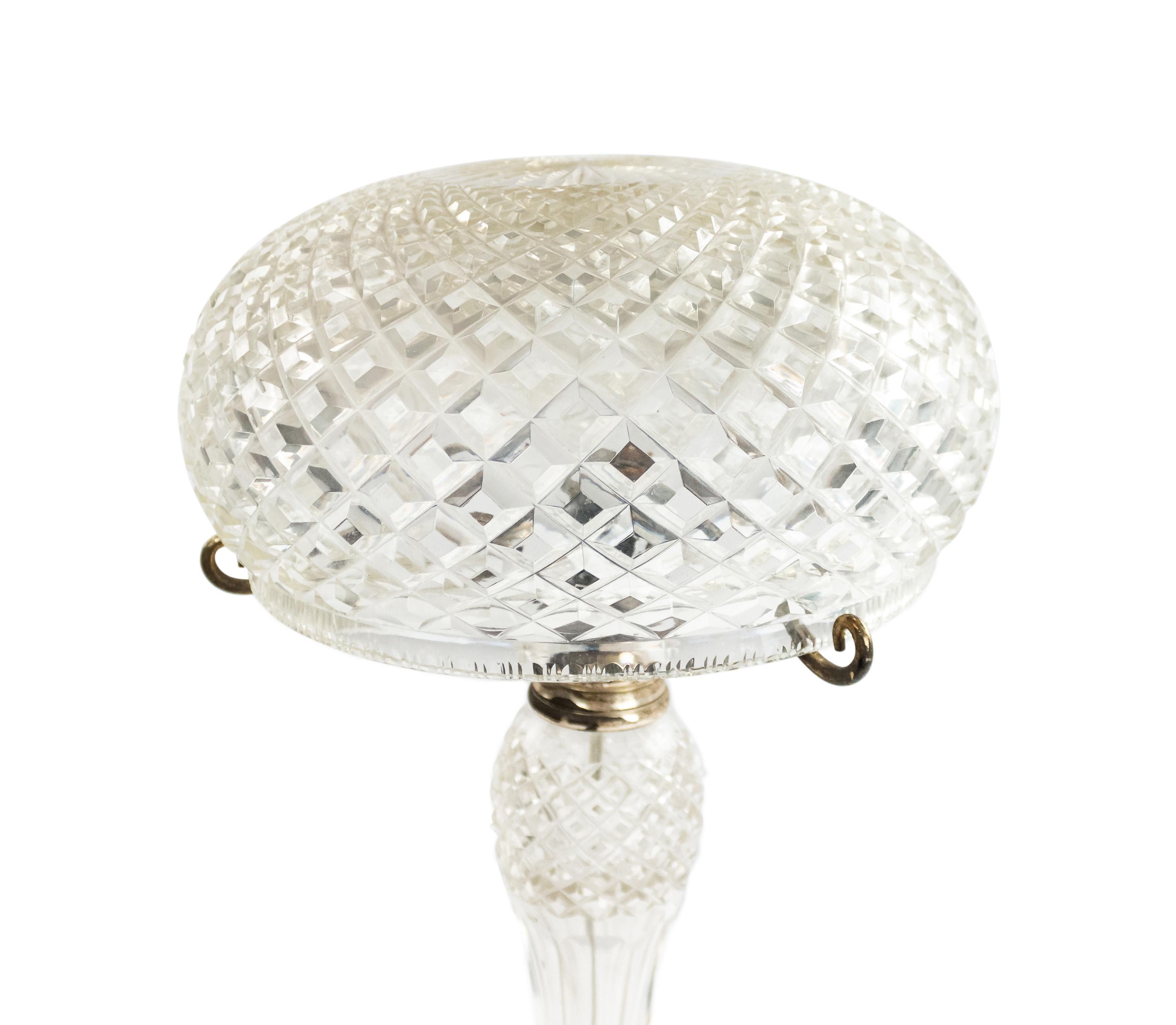 English Victorian cut crystal table lamp with dome shaped shade and square geometric design.