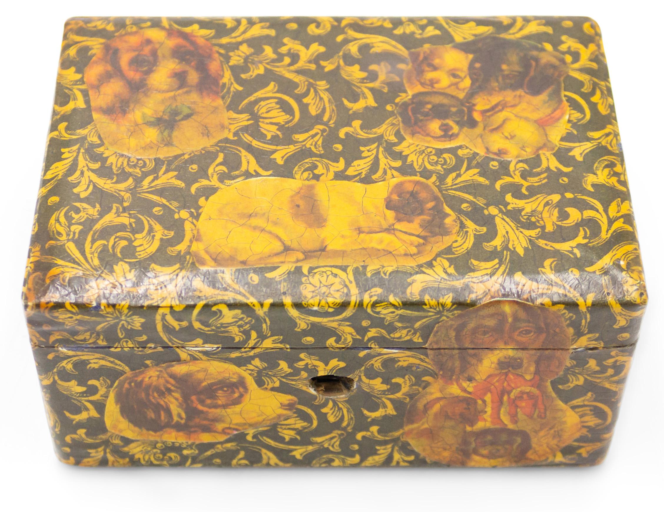 English Victorian-style (20th Century) small decoupage decorated jewelry box with dog head motif.
 