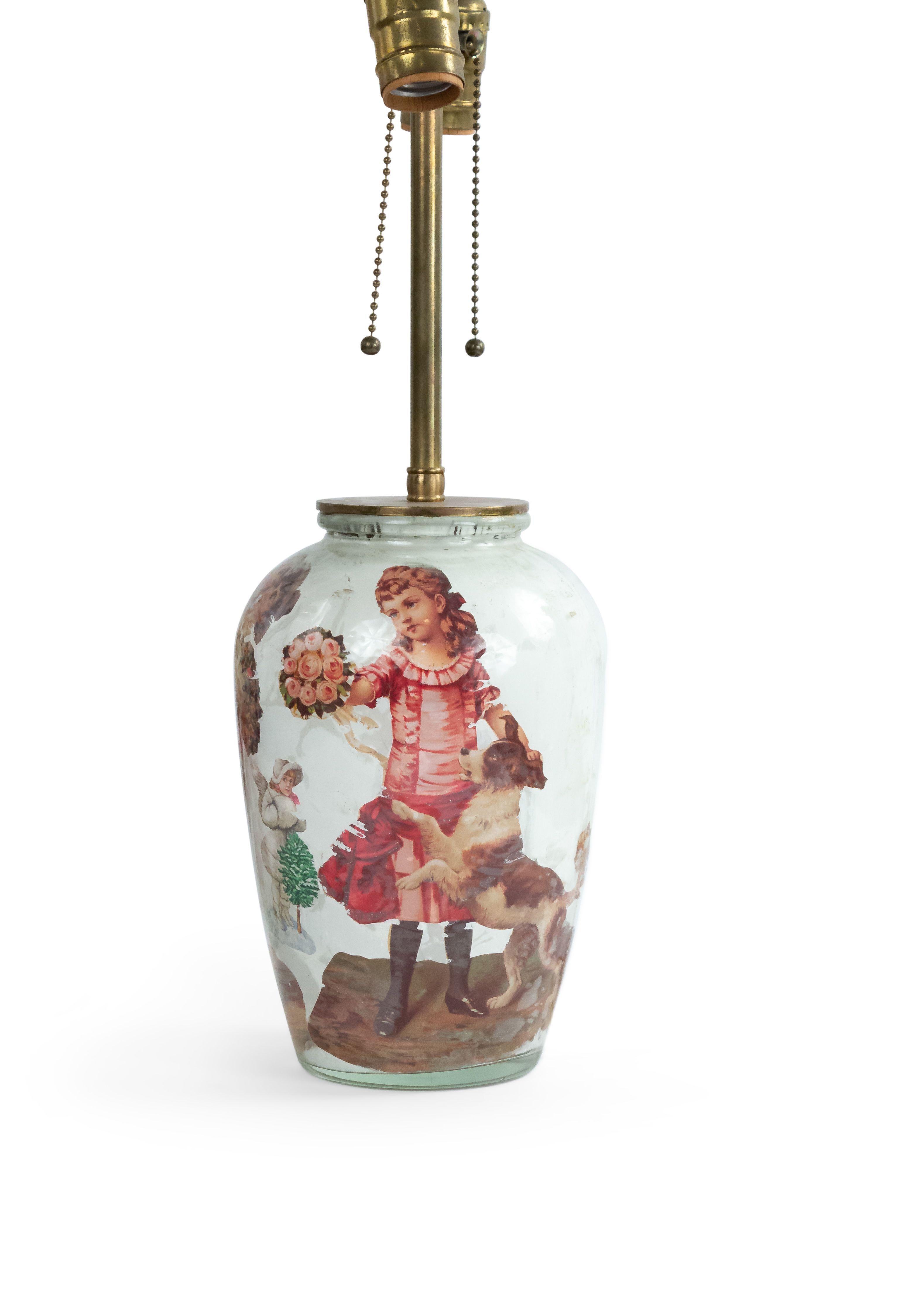 English Victorian Decoupage Glass Table Lamps For Sale 4