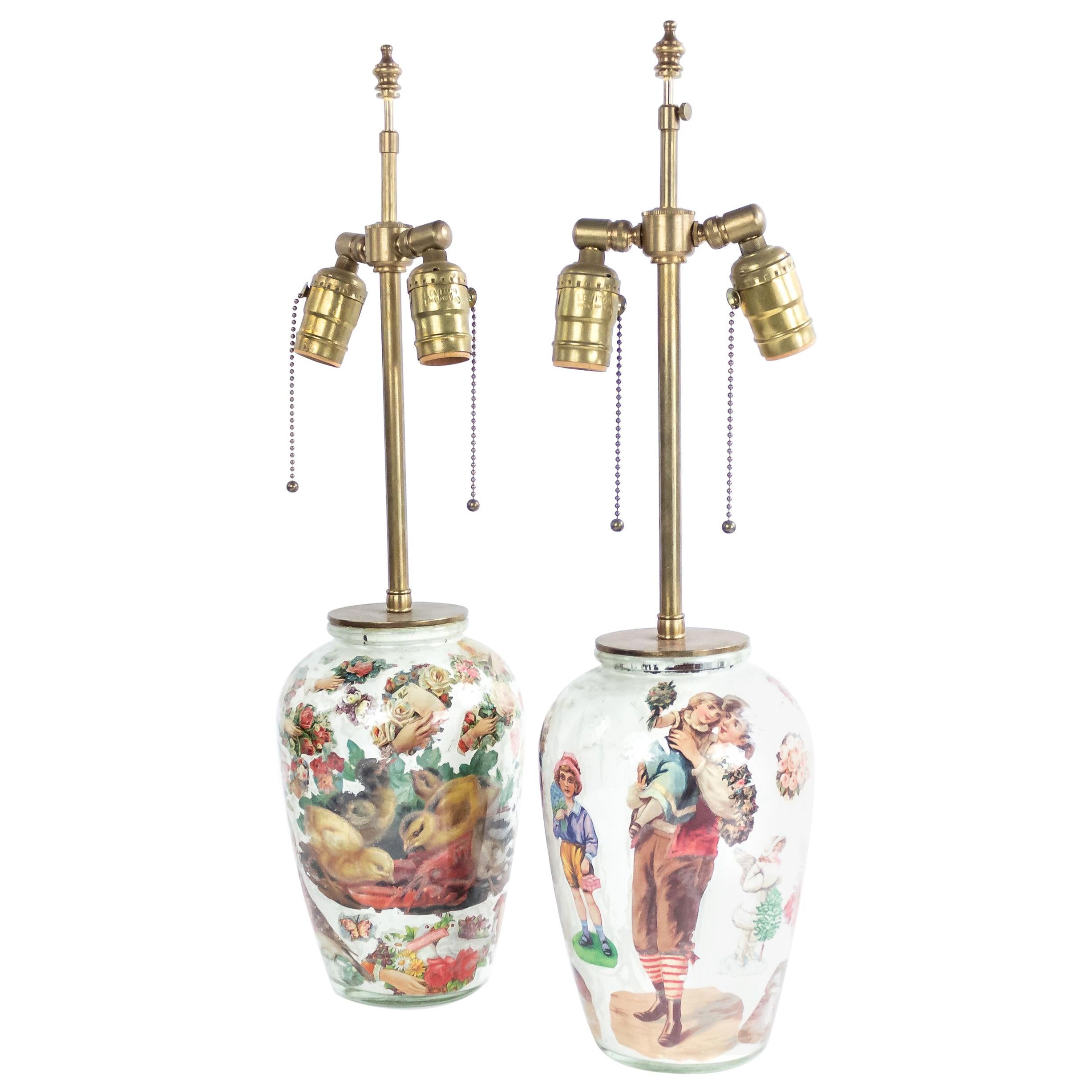 English Victorian Decoupage Glass Table Lamps