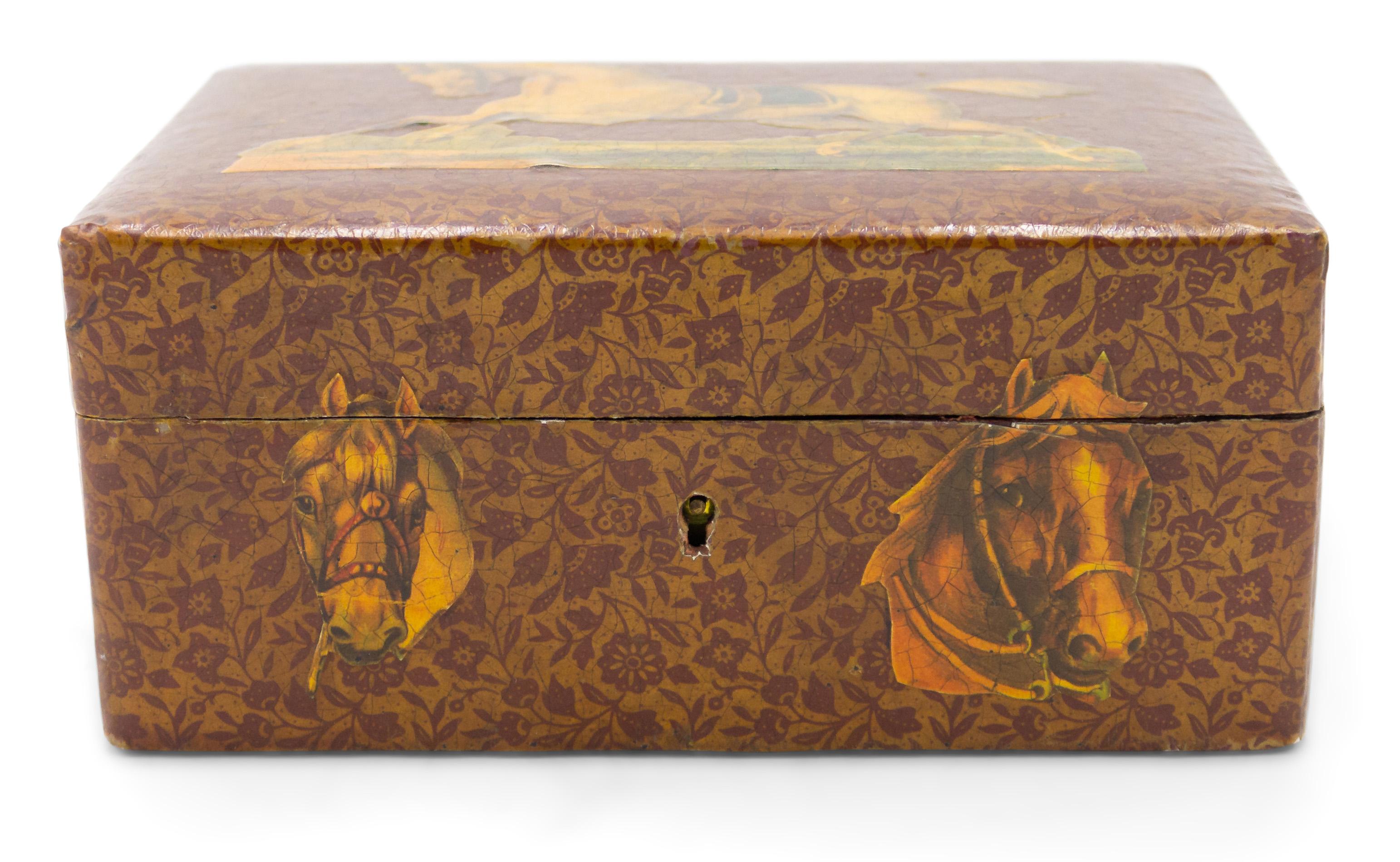 English Victorian (20th Century) decoupage decorated jewelery box with horse design and fitted interior.
  