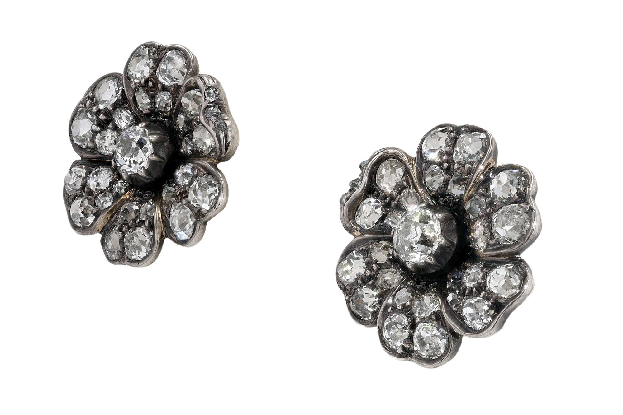 Women's English Victorian Diamond Flower Earrings For Sale