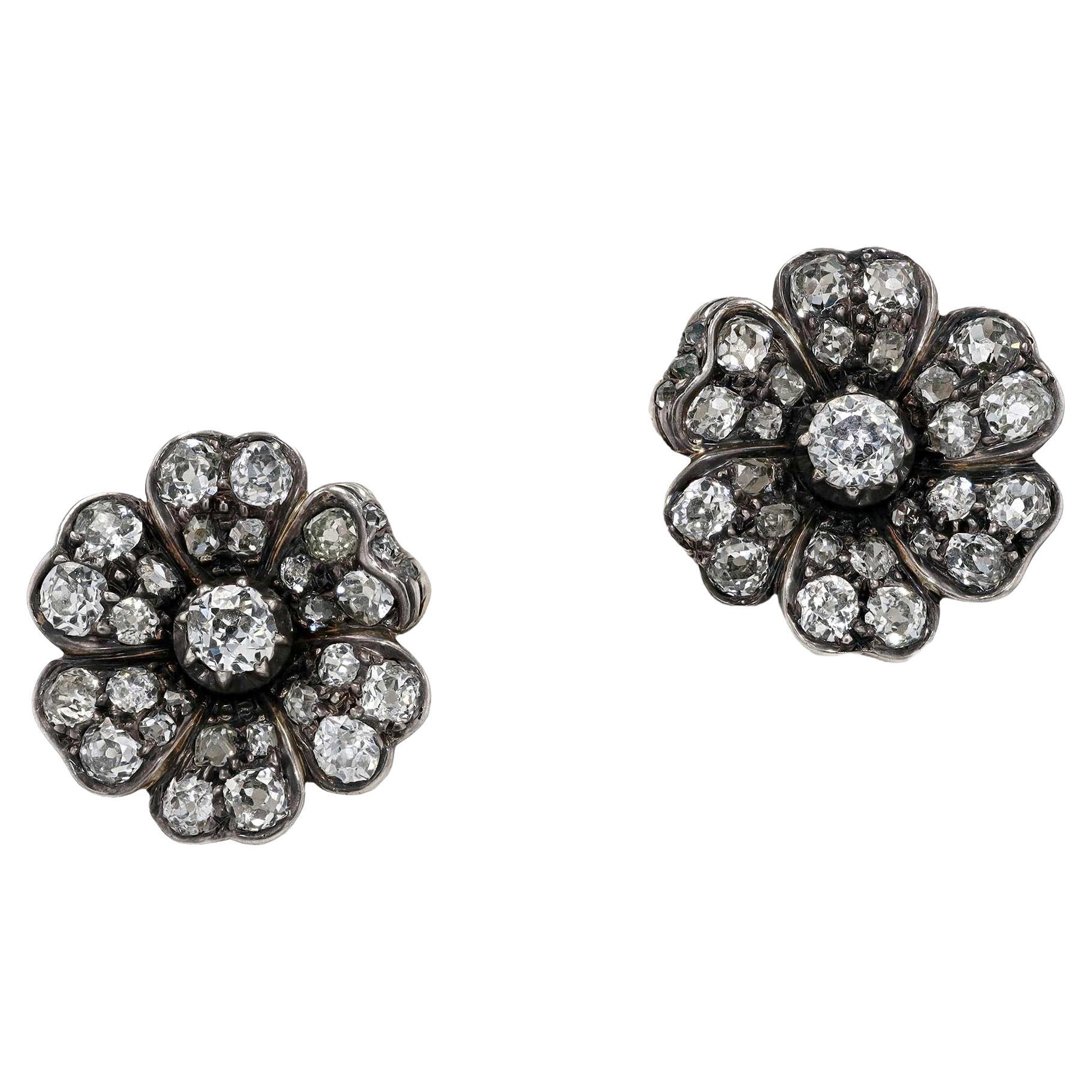 English Victorian Diamond Flower Earrings