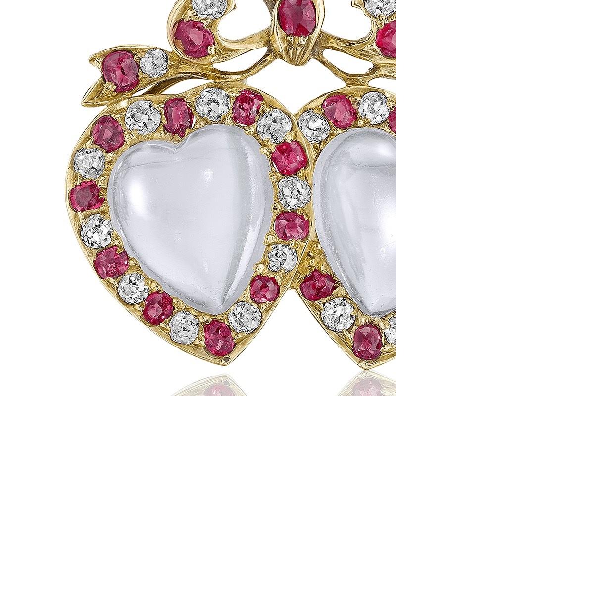 English Victorian Diamond, Moonstone and Ruby Brooch In Excellent Condition In New York, NY
