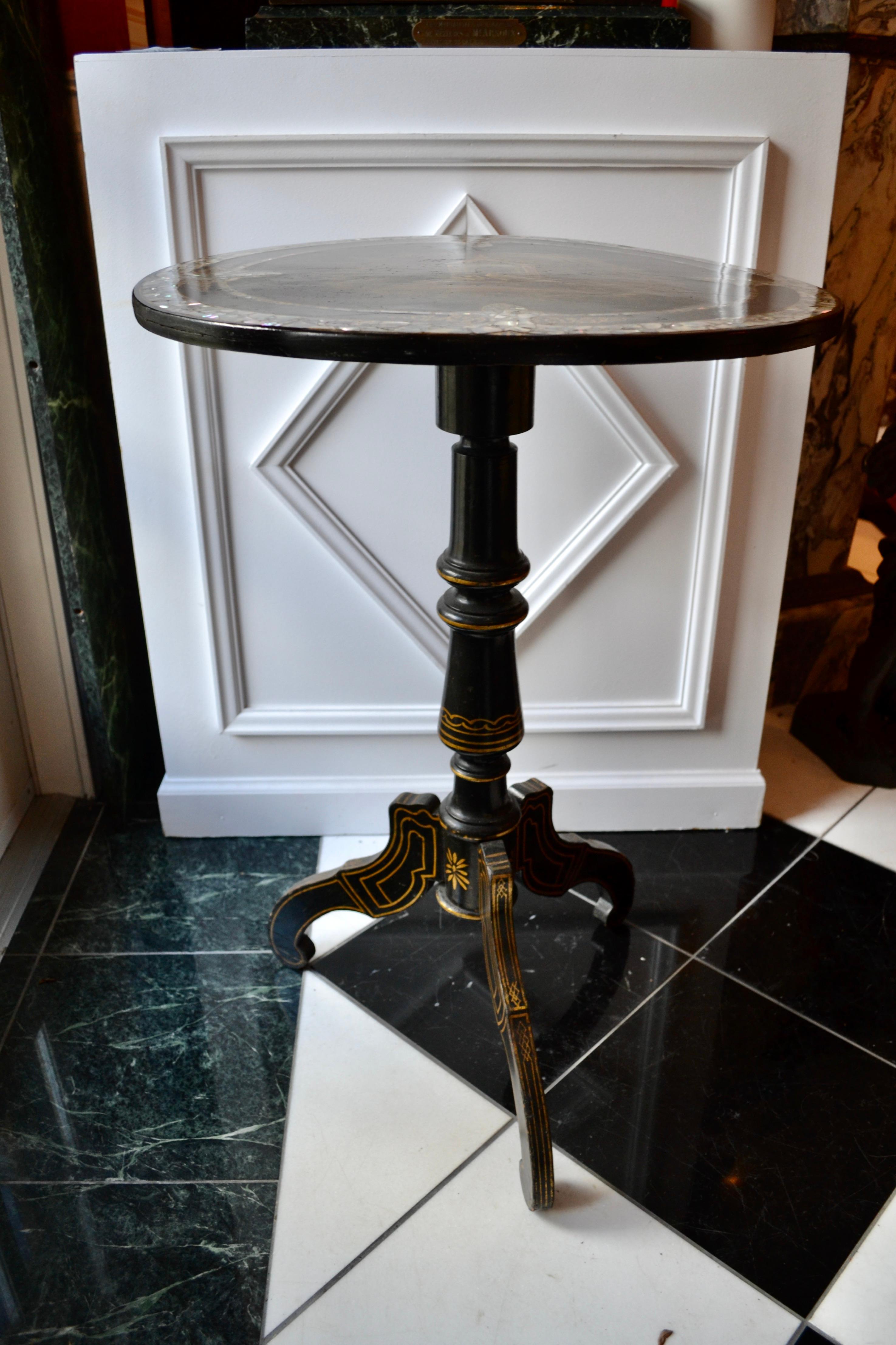 English Victorian Ebonized and Painted Tilt-Top 