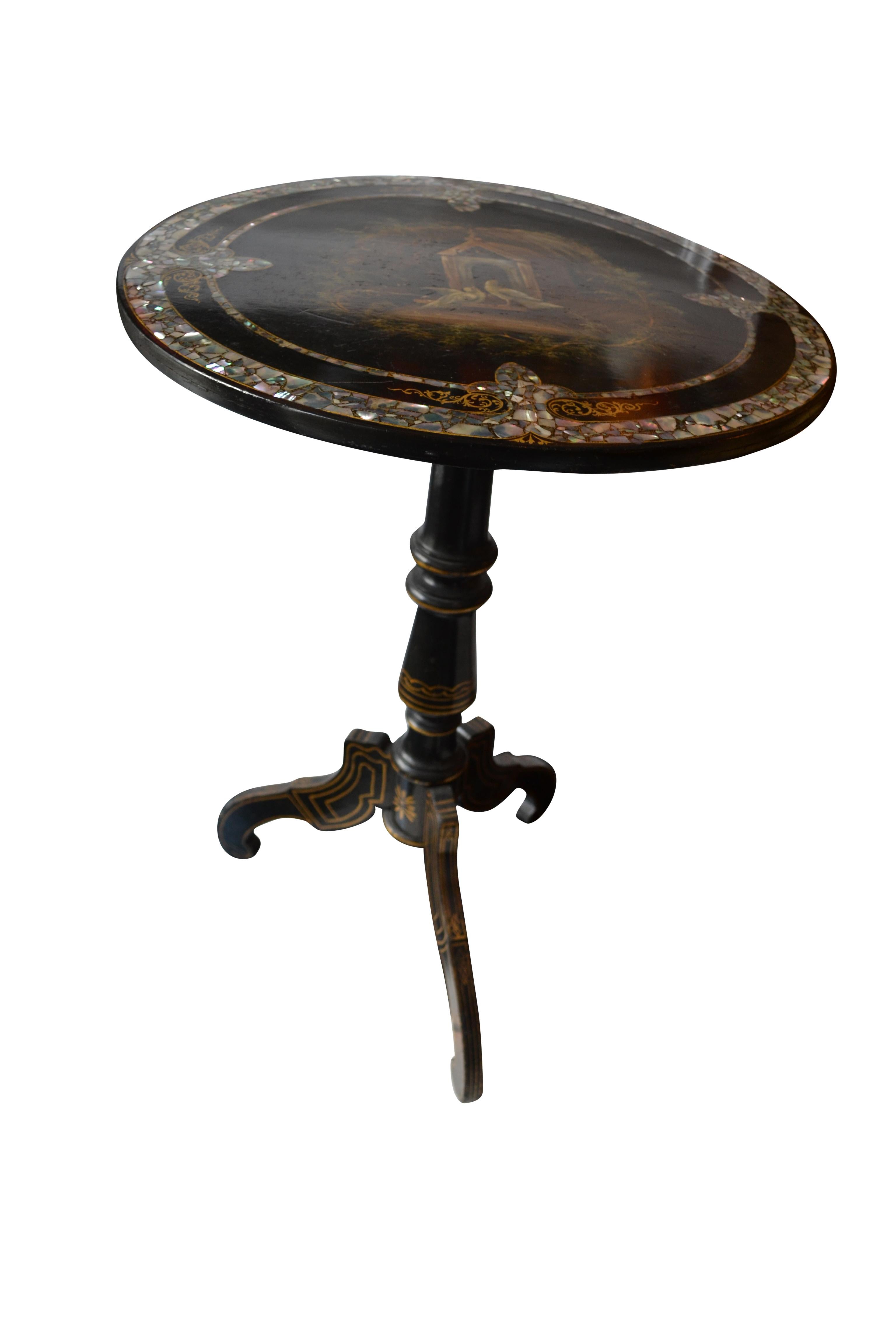 English Victorian Ebonized and Painted Tilt-Top 