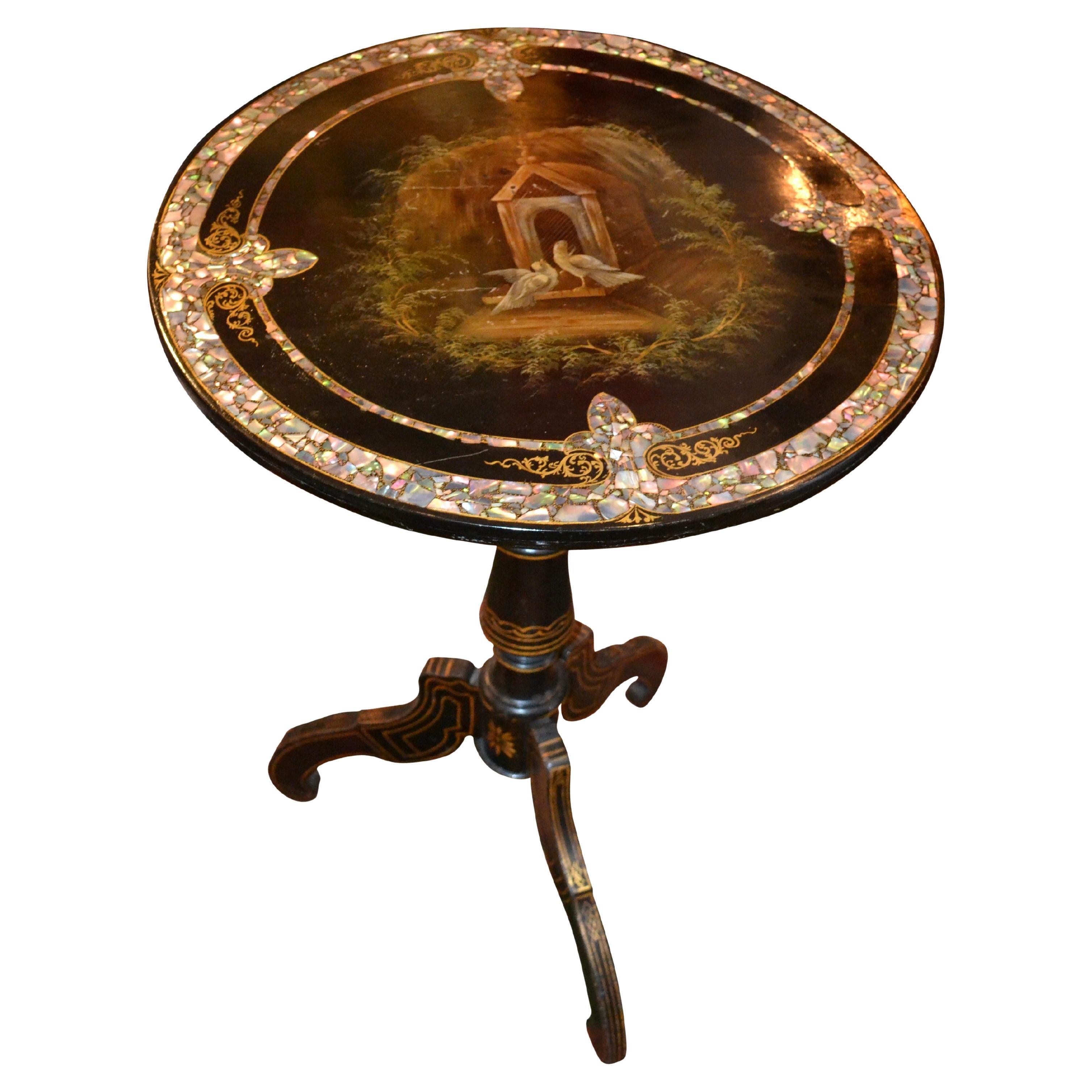 English Victorian Ebonized and Painted Tilt-Top "Peace and Love" Table