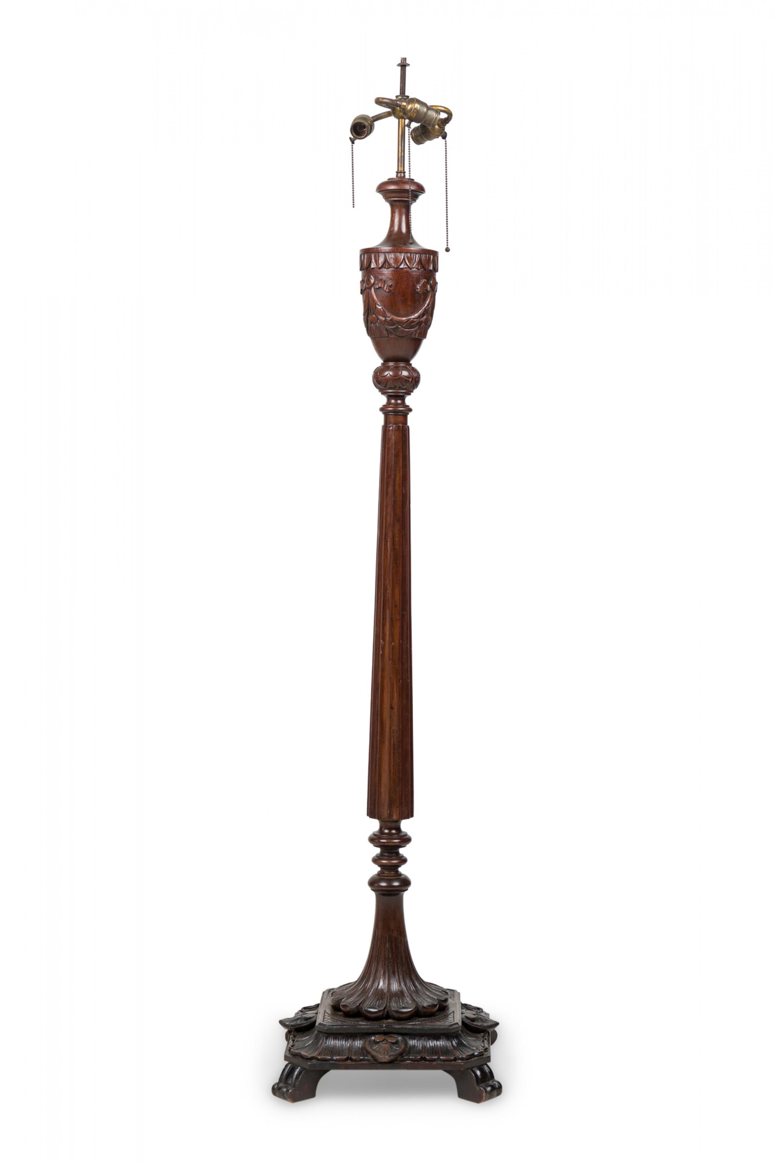 20th Century English Victorian Elaborately Carved Mahogany and Brass Floor Lamp For Sale