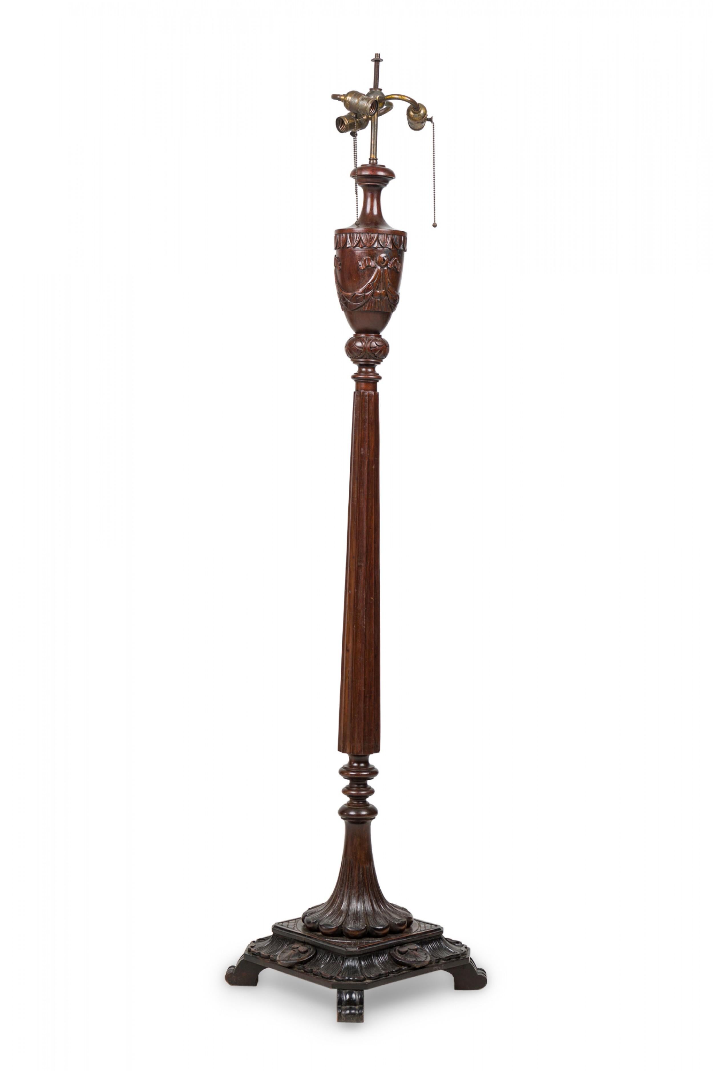 Wood English Victorian Elaborately Carved Mahogany and Brass Floor Lamp For Sale