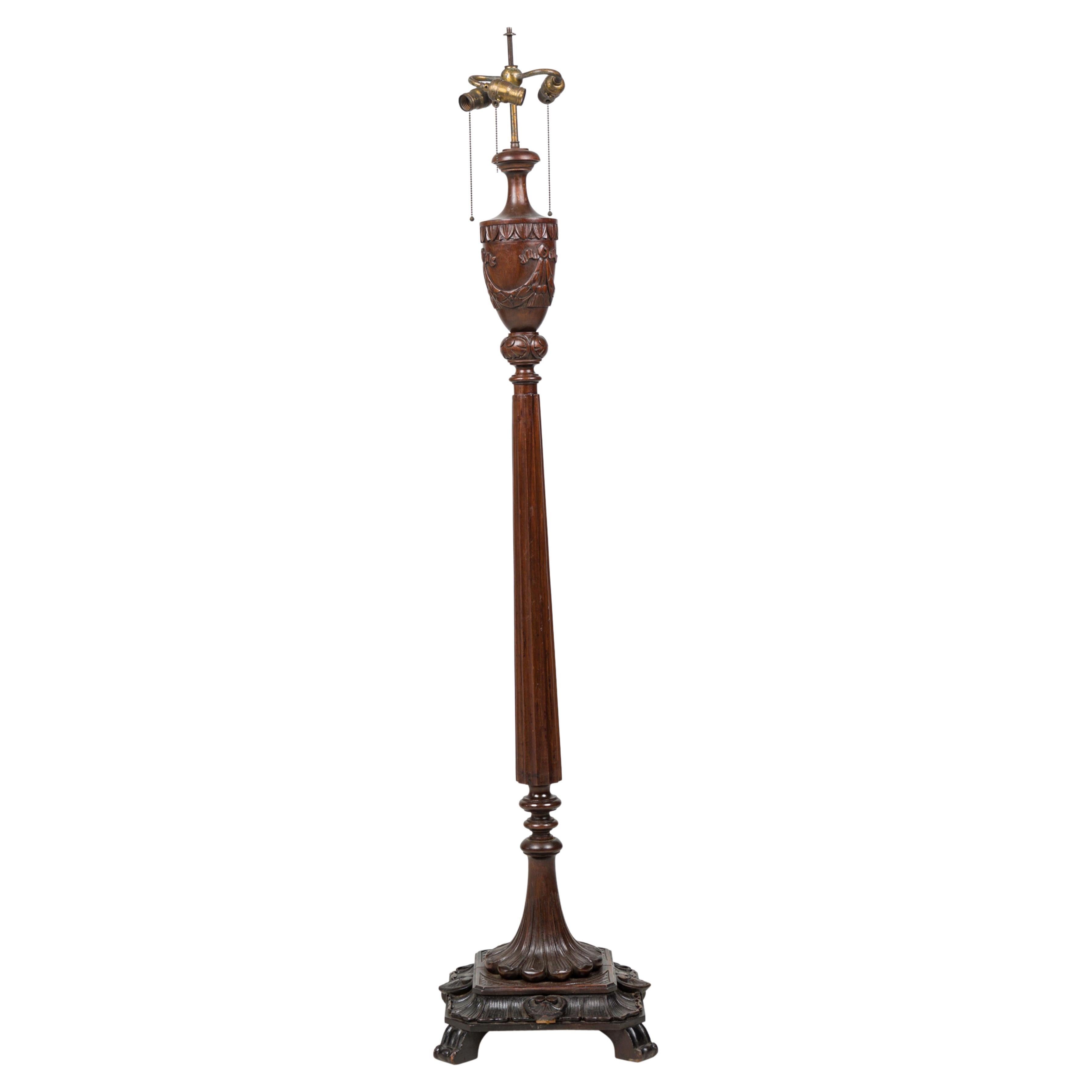 English Victorian Elaborately Carved Mahogany and Brass Floor Lamp For Sale