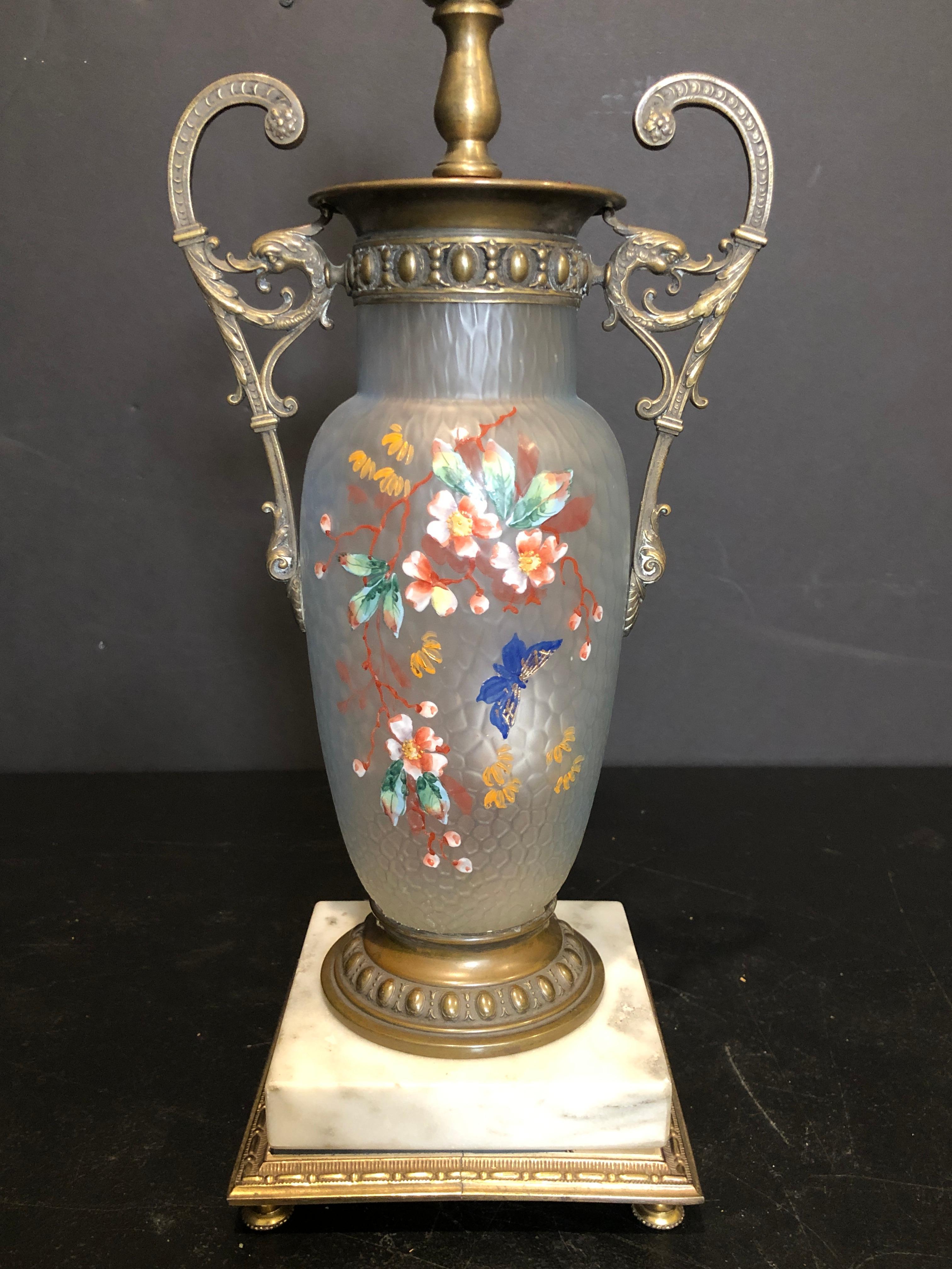 Hand-Painted English Victorian Enameled Bronze Mounted Glass Vase as Lamp For Sale