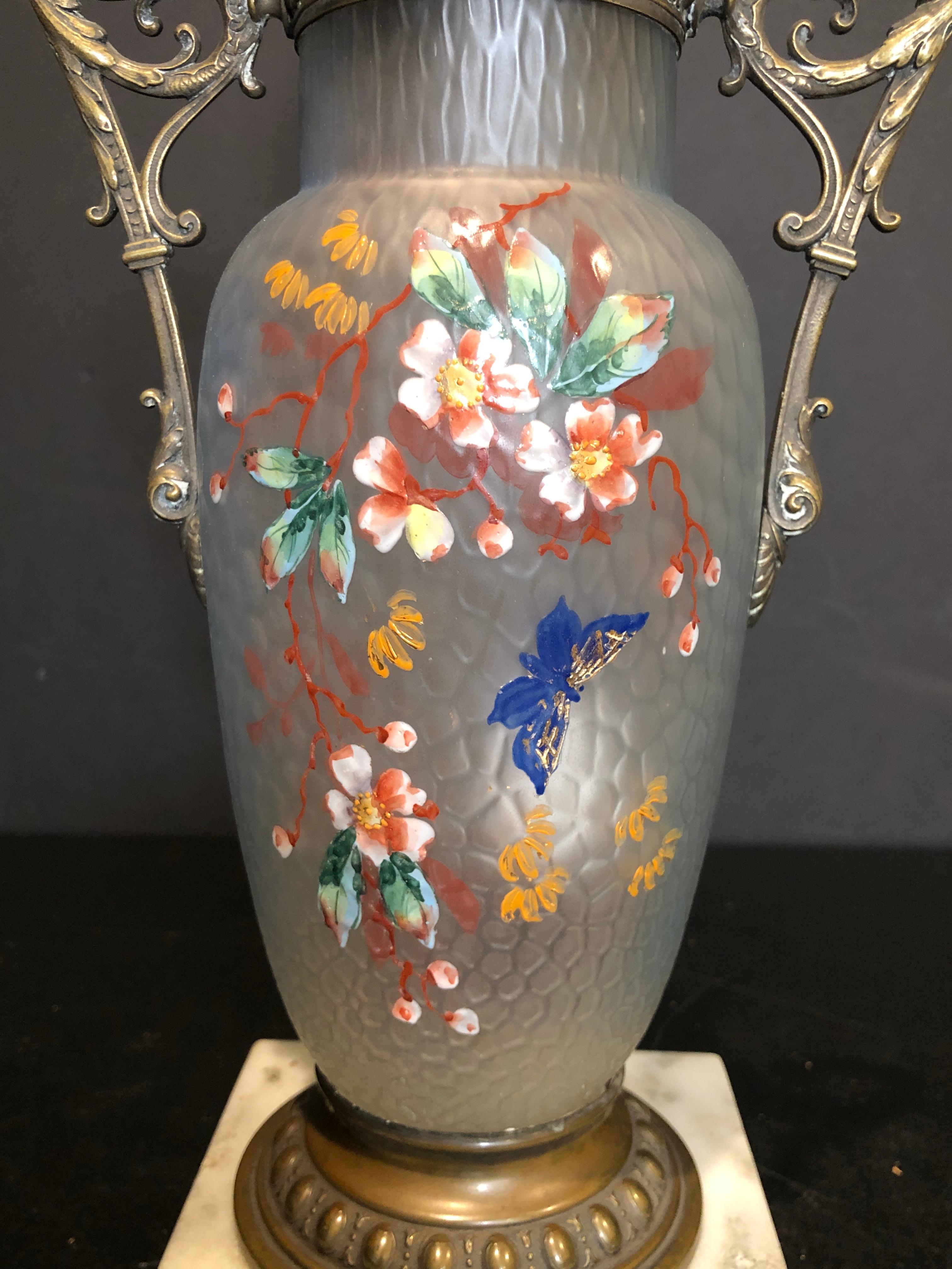 English Victorian Enameled Bronze Mounted Glass Vase as Lamp In Good Condition For Sale In Norwood, NJ