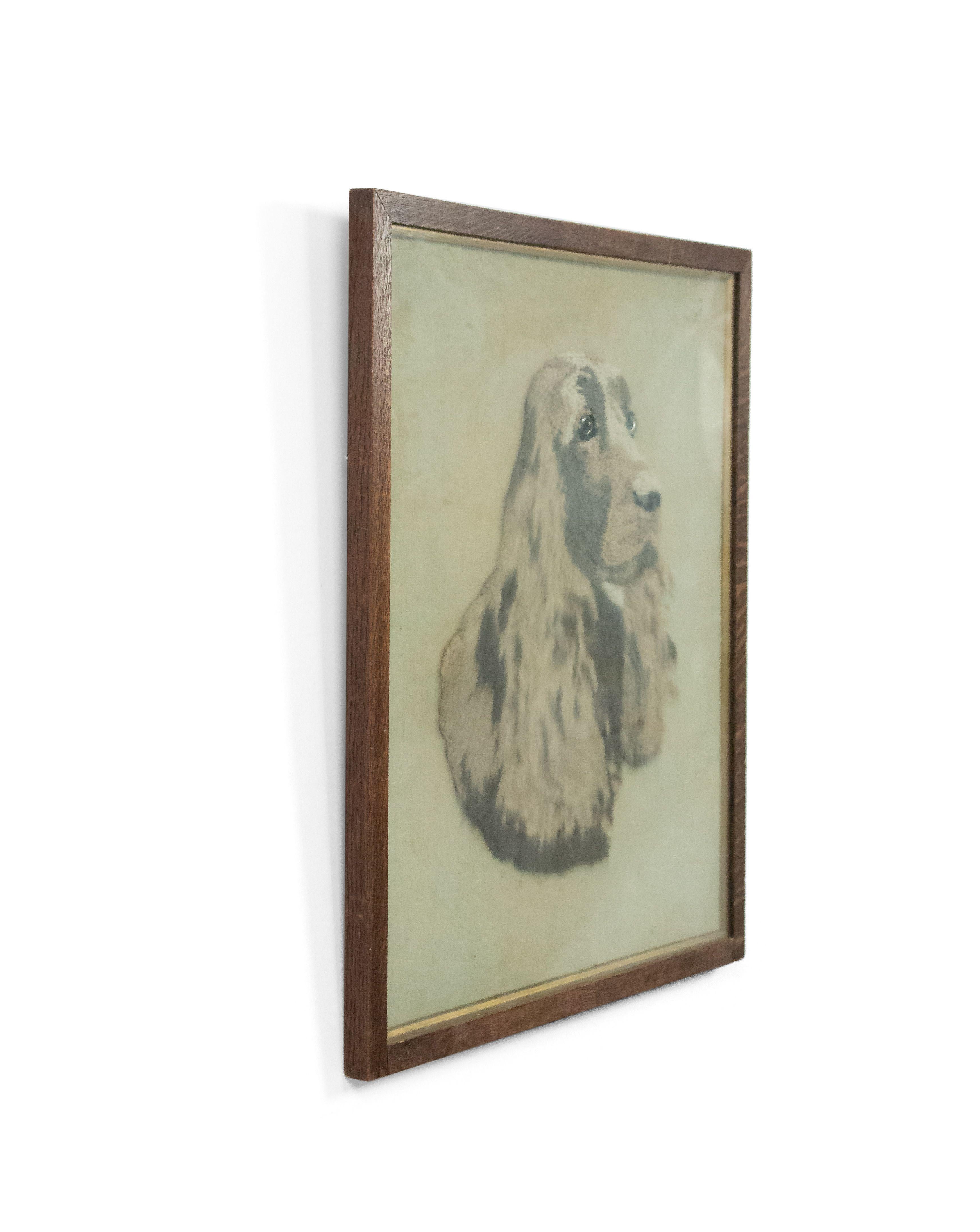 English Victorian Country style (19/20th Century) oak framed embroidery of English setter dog.
 