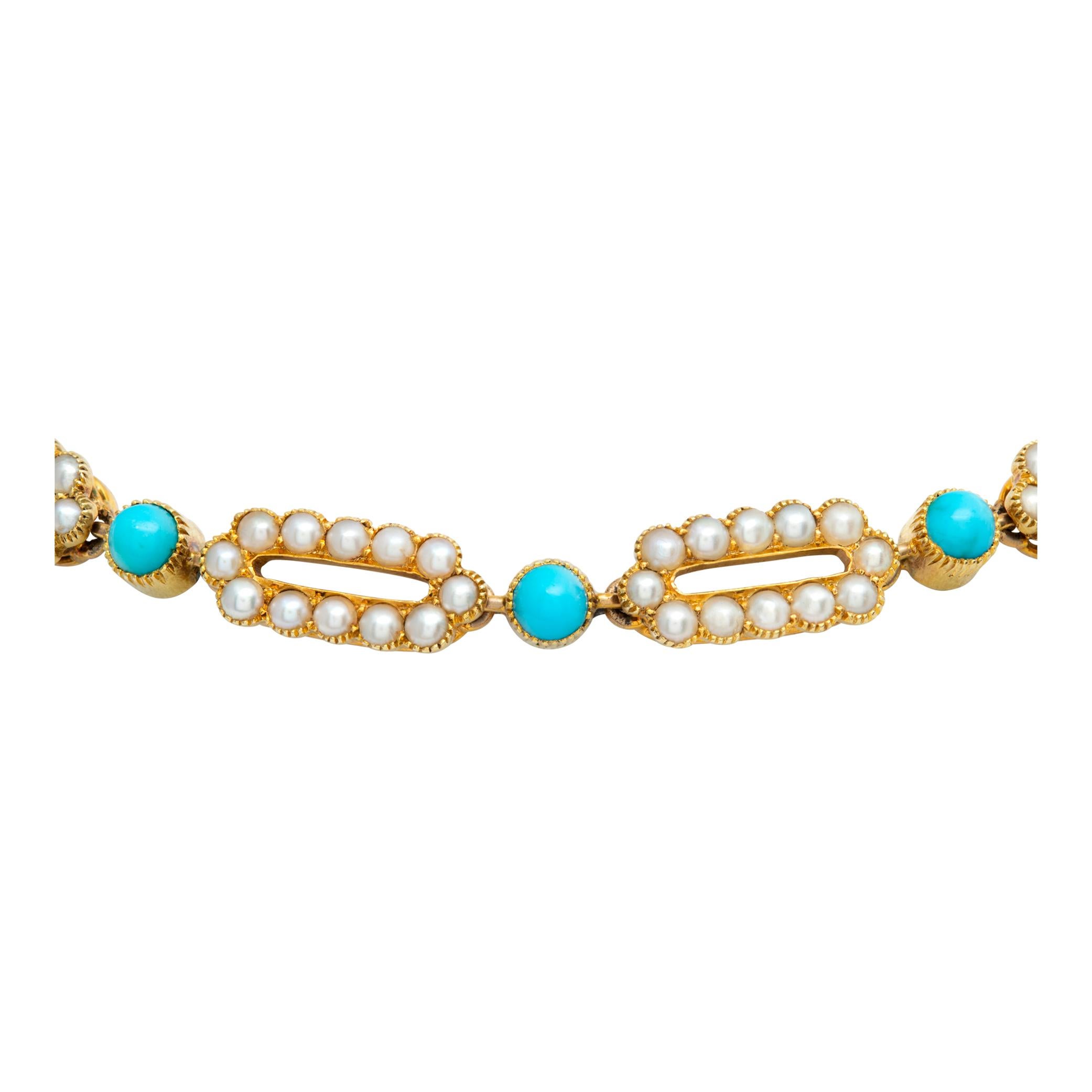 English Victorian Era,circa 1880, antique oval and rectangular link bracelet with cabochon turquoise and seed pearls in 15 CT yellow gold. (Clasp is stamped 15 CT, with security chain). Six seed pearls station are 12 x 5mm. Seven cabochon turquoise