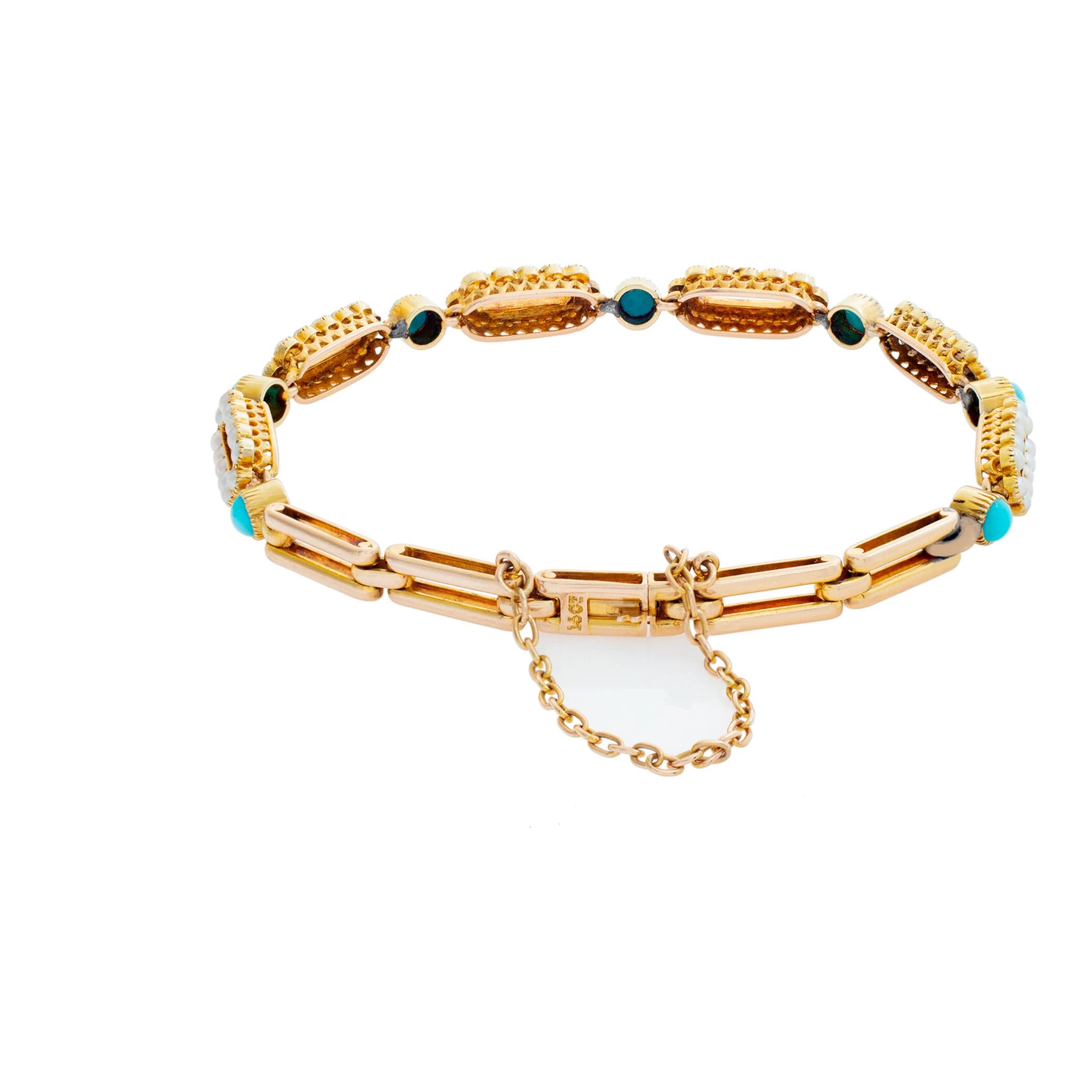 English Victorian era C.1880 antique gold link bracelet w/ cabochon turquoise In Excellent Condition For Sale In Surfside, FL