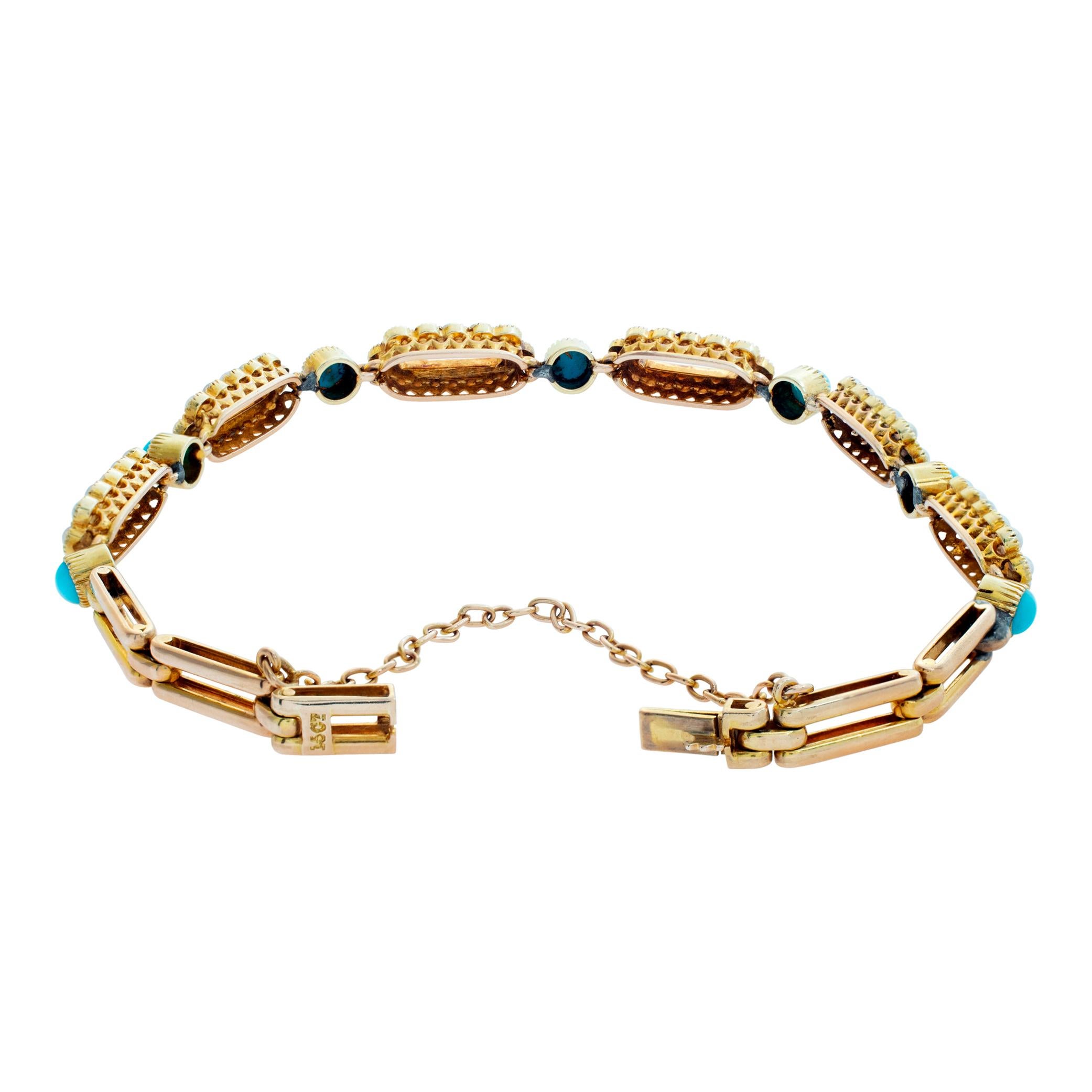 Women's English Victorian era C.1880 antique gold link bracelet w/ cabochon turquoise For Sale