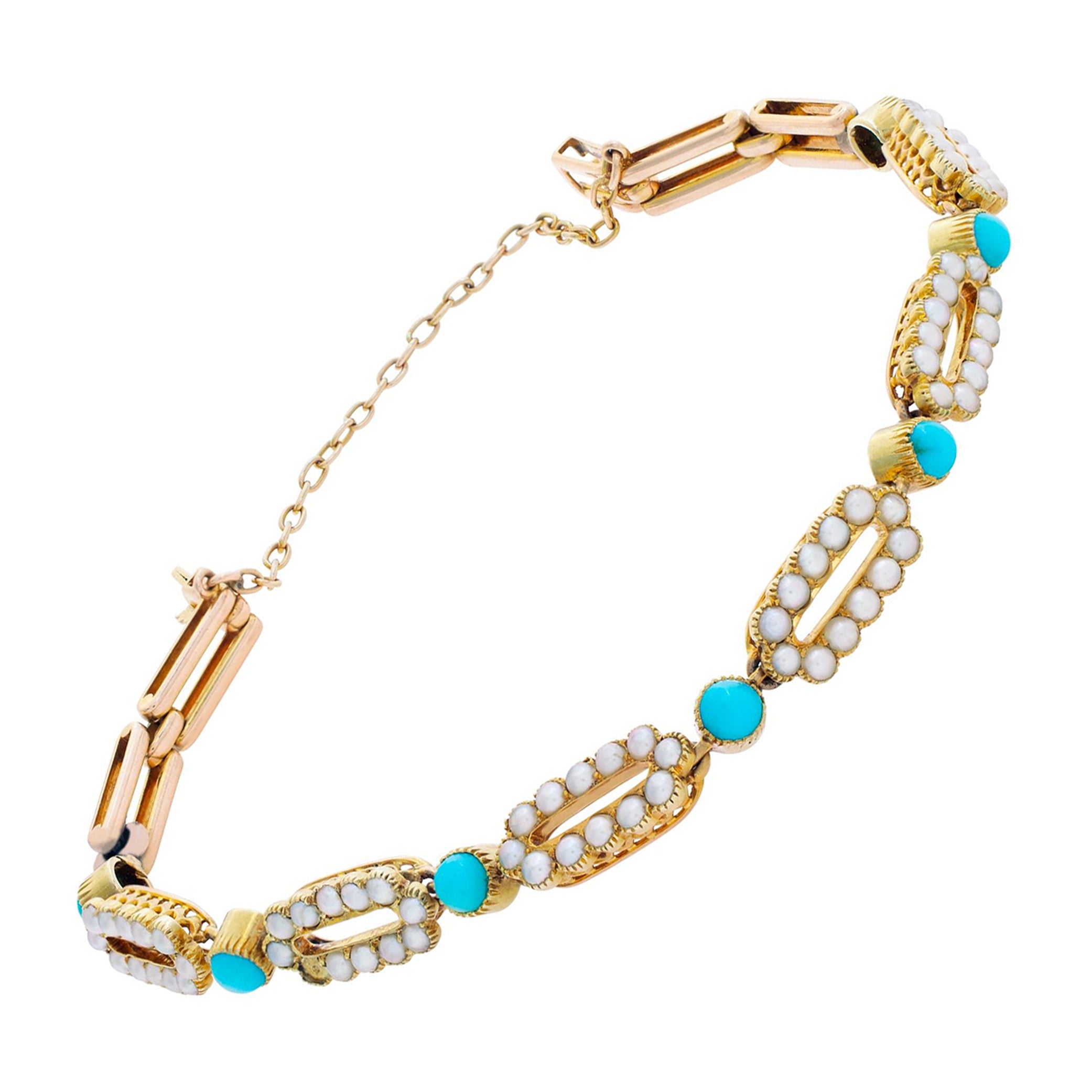 Englisch viktorianischen Ära C.1880 antiken Gold Link Armband w / Cabochon Türkis im Angebot