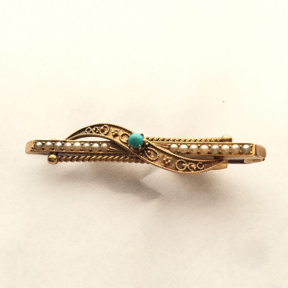 English Victorian Etruscan Revival 15K Turquoise & Seed Pearl Brooch Marked 15C


English marked 