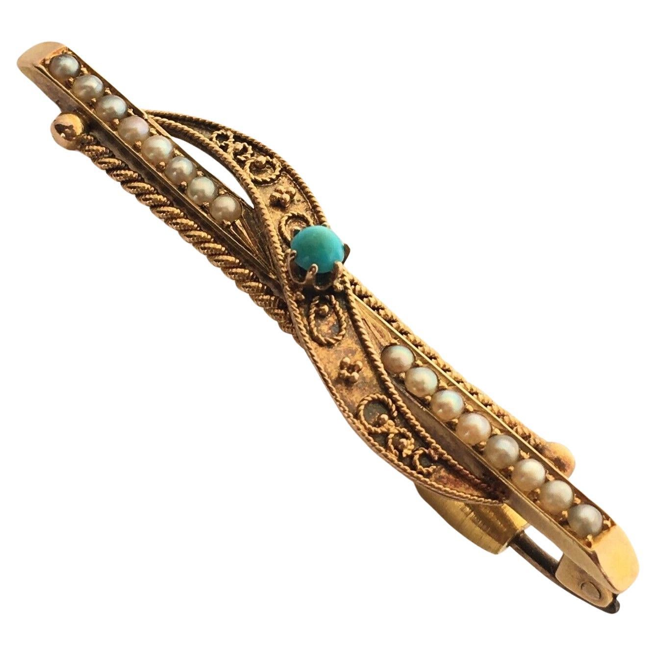 English Victorian Etruscan Revival 15K Turquoise & Seed Pearl Brooch Marked 15C For Sale