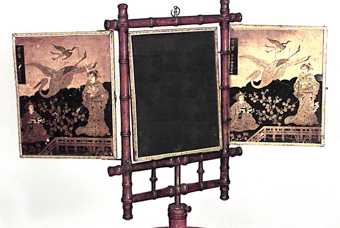 English Victorian faux bamboo shaving stand with triptych mirror with chinoiserie decorated backing.
 