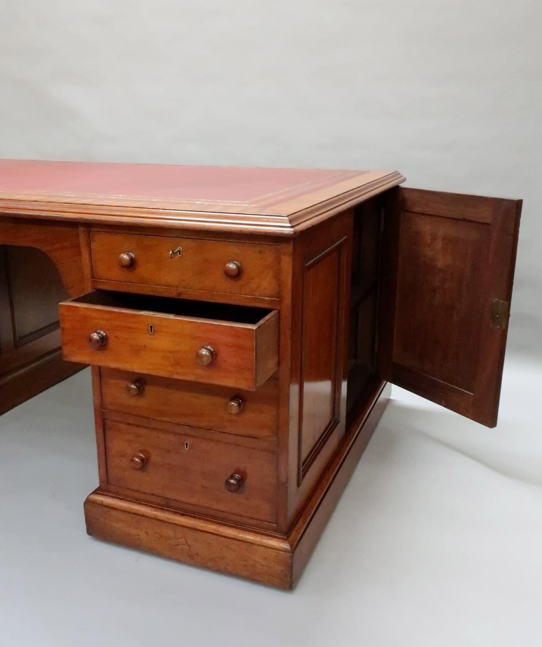 English Victorian Figured Mahogany Partners Pedestal Kneehole Writing Desk 1