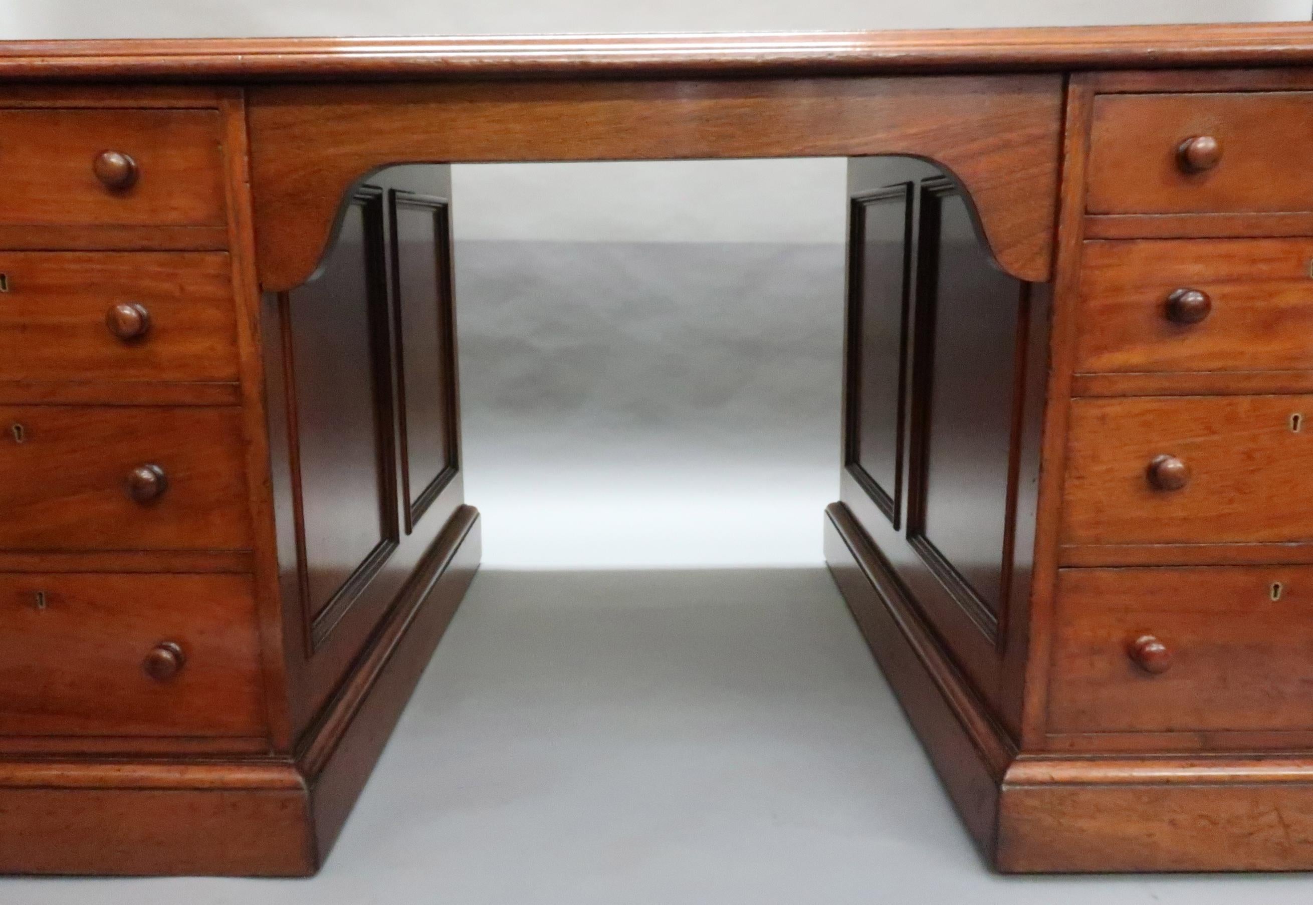 English Victorian Figured Mahogany Partners Pedestal Kneehole Writing Desk 2