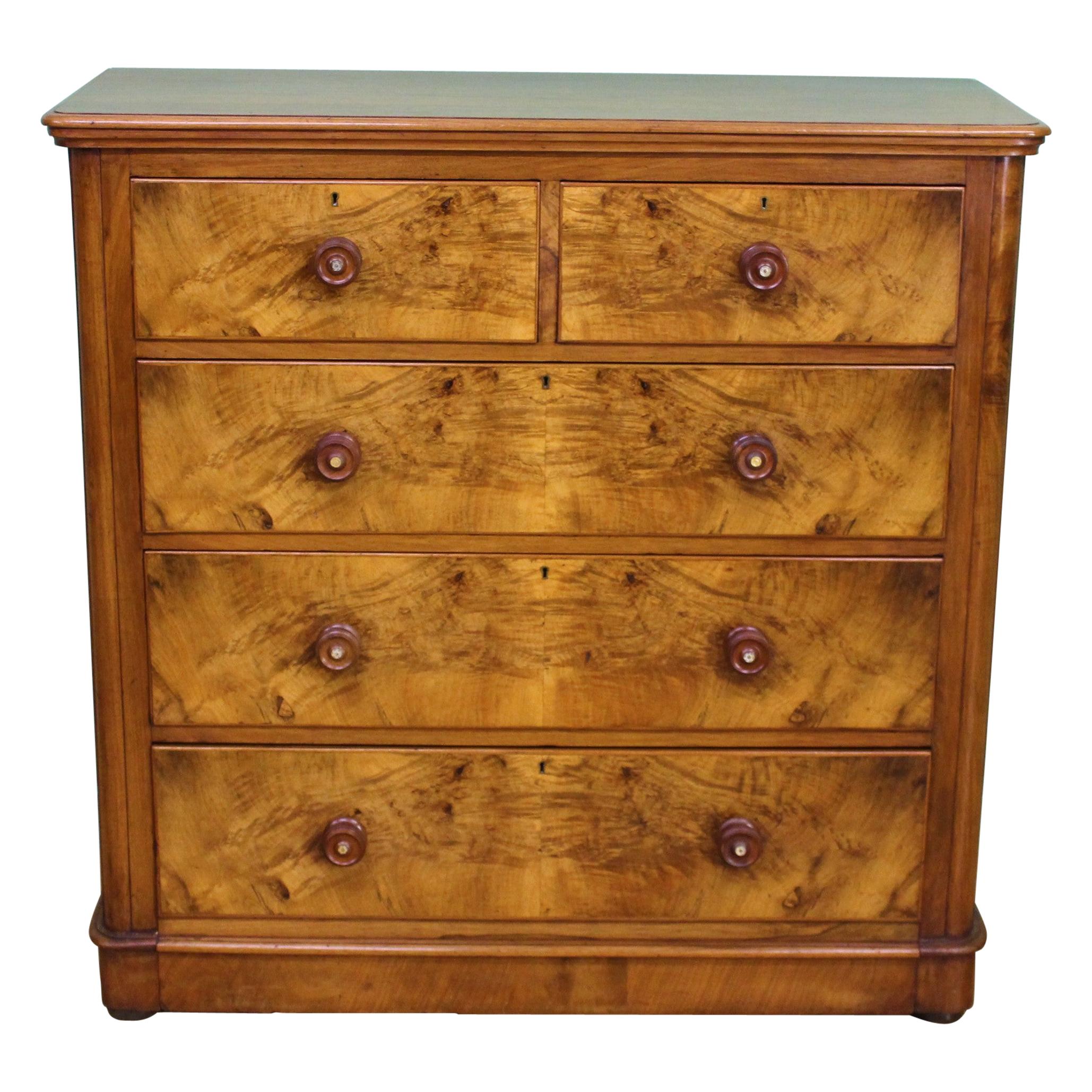 English Victorian Figured Walnut Chest of Drawers For Sale