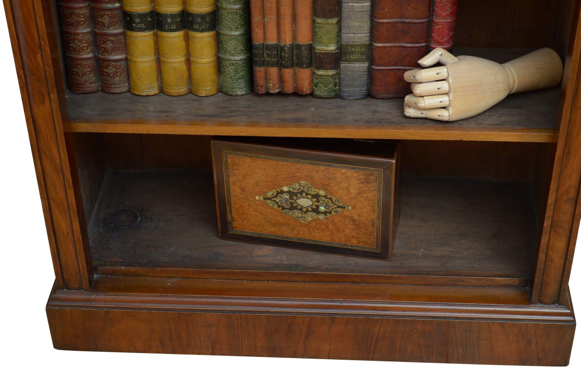 English Victorian Figured Walnut Open Bookcase For Sale 8